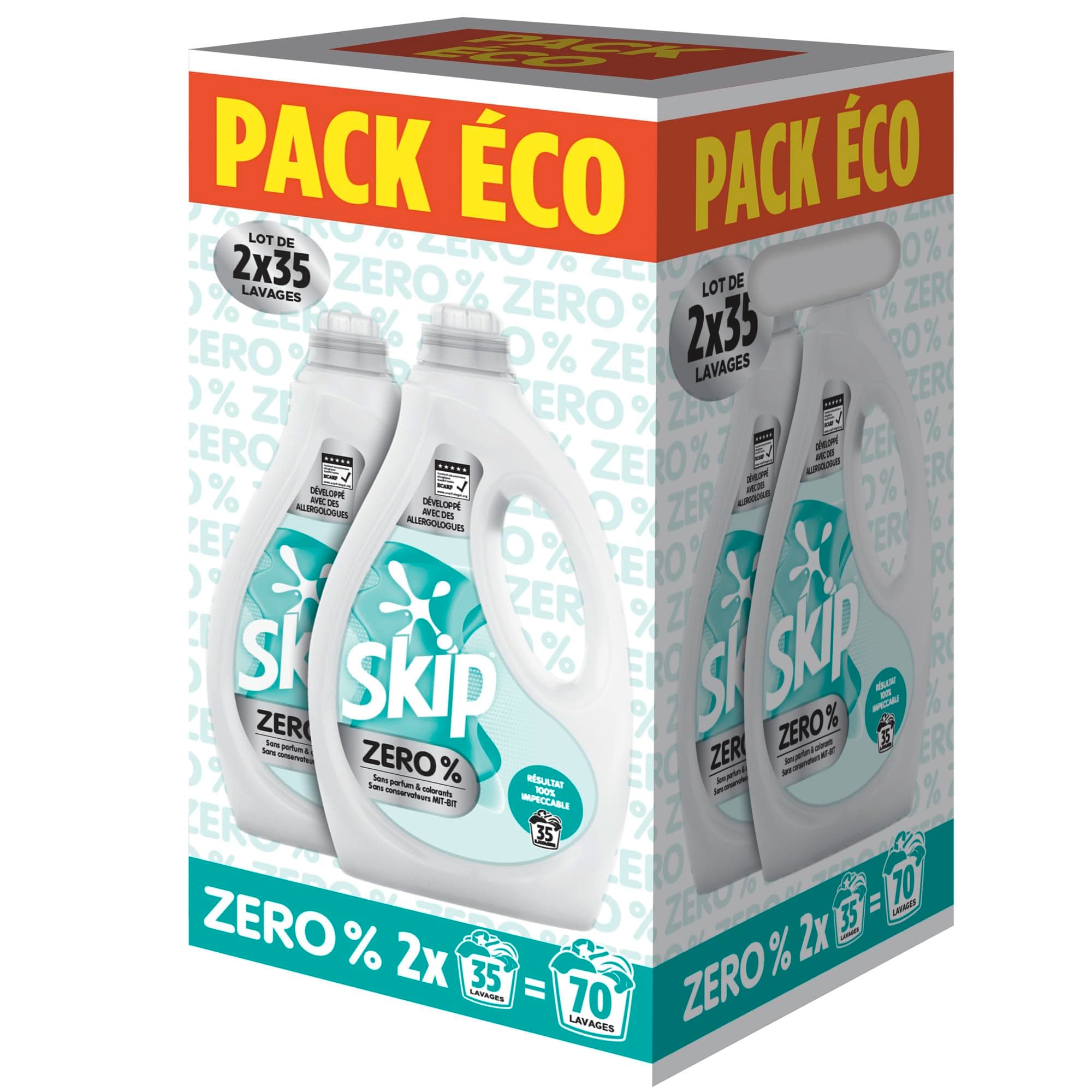 Skip - Lessive Liquide - 0% - 70 lavages - Efficace Tout en Respectant les Peaux Très Sensibles - Formule Sans Parfum ni Colorants et Conservateurs MIT-BIT - Certifiée ECARF - 2x35 Lavages