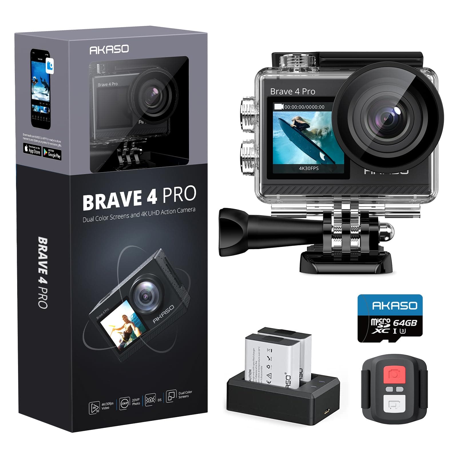 AKASO Brave 4 Pro Cámara Deportiva 4K 20MP con Tarjeta de Memoria U3 de 64GB Cámara de Acción Camara Acuatica Sumergible 40M con Dual Pantalla EIS 5X Zoom 2*1350mAh Baterías Multi Accesorios