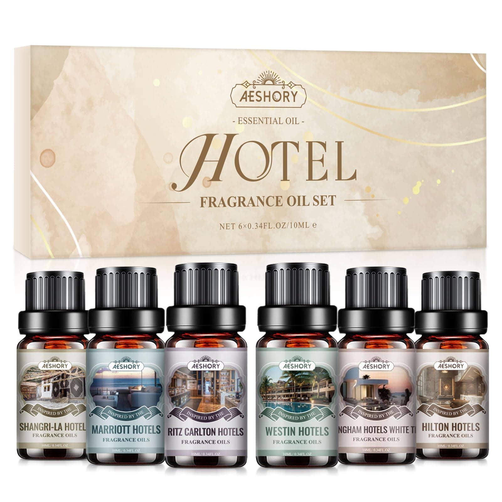 AESHORY Hoteles Aceites Esenciales para Humidificador 6 x 10ML, Aceite de Fragancia de Aromaterapia para Hoteles Populares, Shangri-La/Marriott/Ritz-Carlton/Hilton/Hotel Westin/Té Blanco