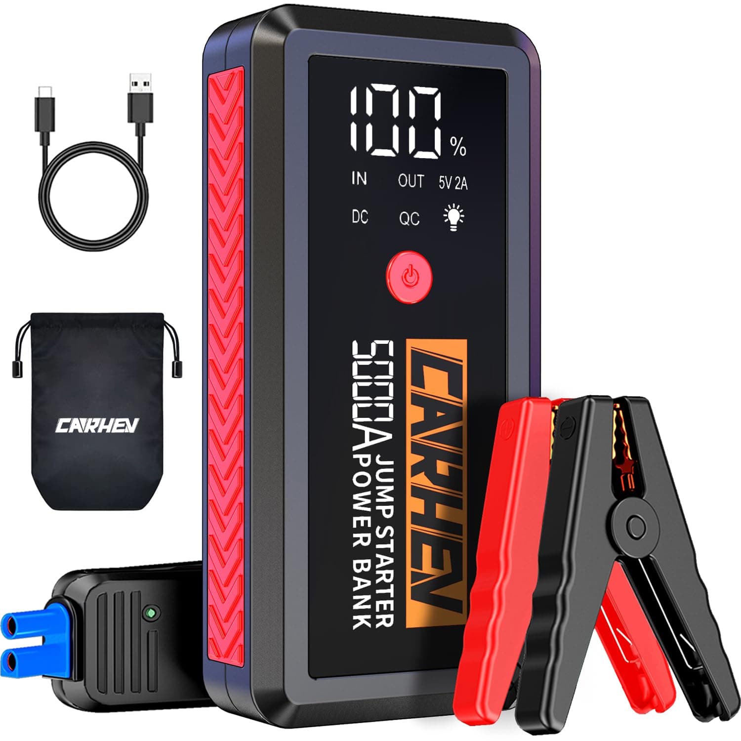 CARHEV Arrancador de Coche, 5000A Arrancador de Baterias de Coche (para 8.0L de Gasolina o 8.0L de Diésel) 12V Booster Jump Starter con Pantalla LCD, Linterna LED, Clips de Seguridad Inteligentes