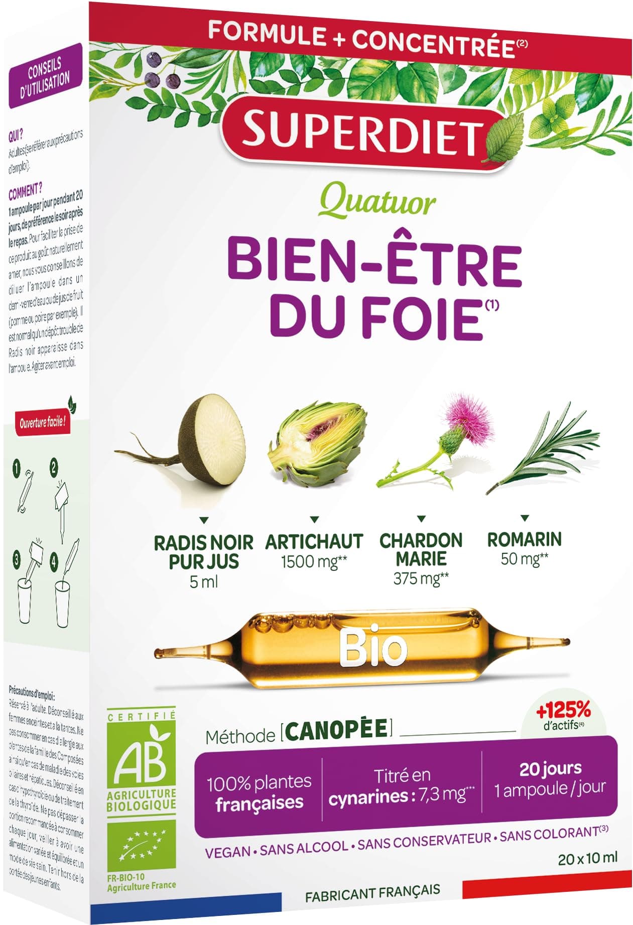 SUPERDIET-QUATUOR DIGESTION BIO-Bien-être du foie -Radis Noir Artichaut Chardon Marie Romarin-Fabrication Française-20 Ampoules de 15ml