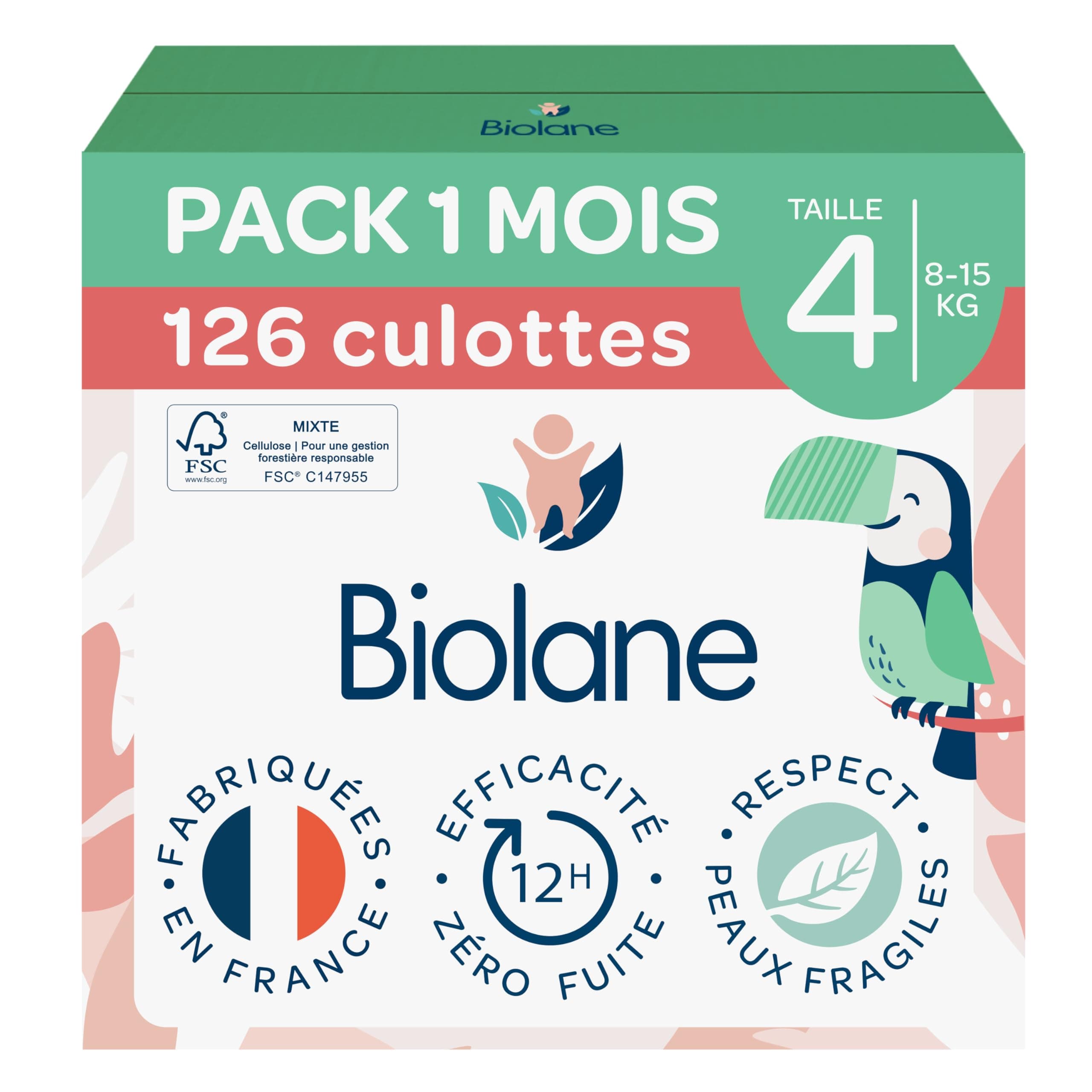 BIOLANE - Couches culottes - Taille 4 (8-15kg) - Zéro fuite pendant 12h - Pack 1 mois - 126 Couches Pants - Fabriquées en France