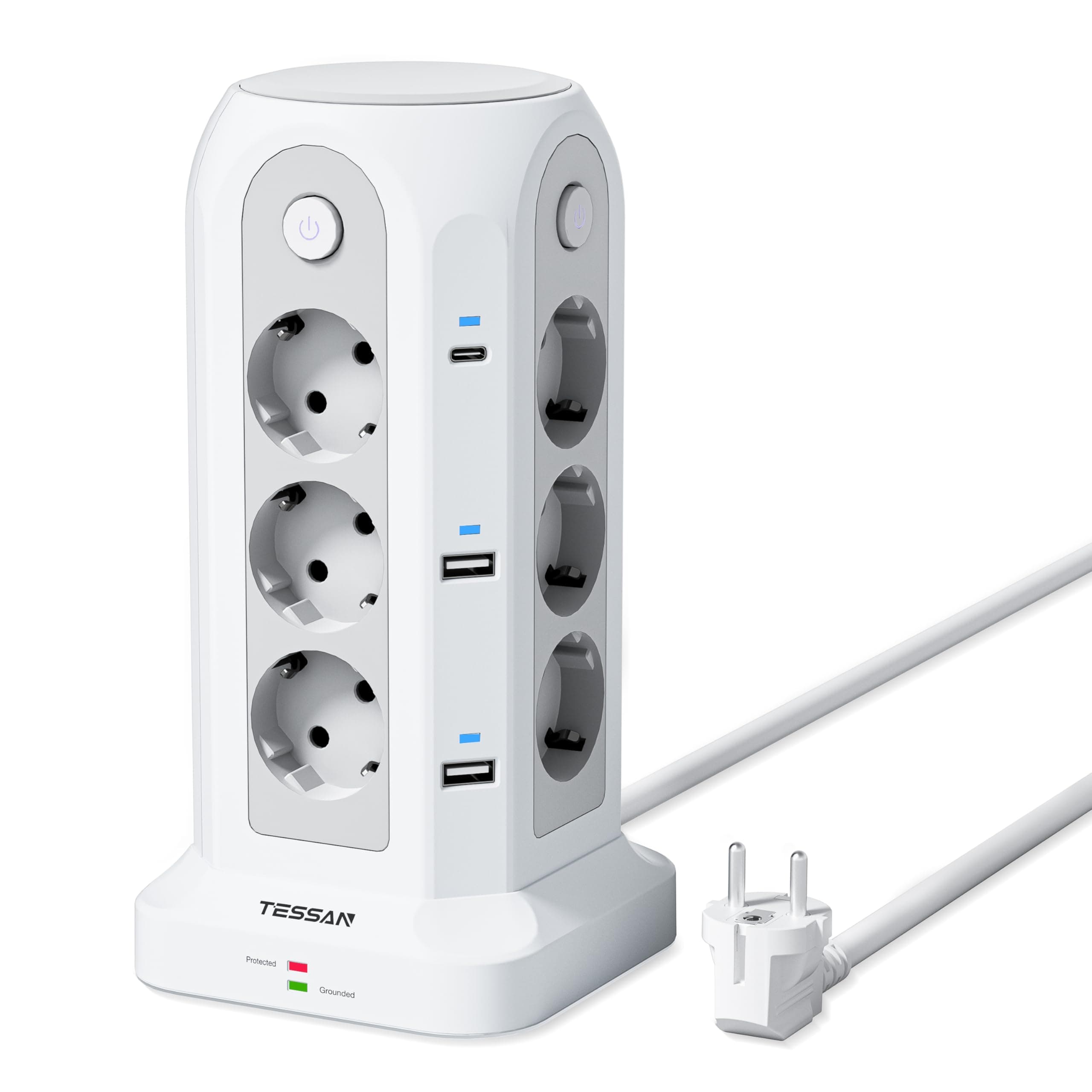 TESSAN Regleta Enchufes con Interruptor Individual, 18 en 1 Torre Enchufes Vertical con 6 USB, 12 Tomas Multiples con 2 USB C y Proteccion Sobretension, Torre Multiple con Cable 2M para Oficina Casa