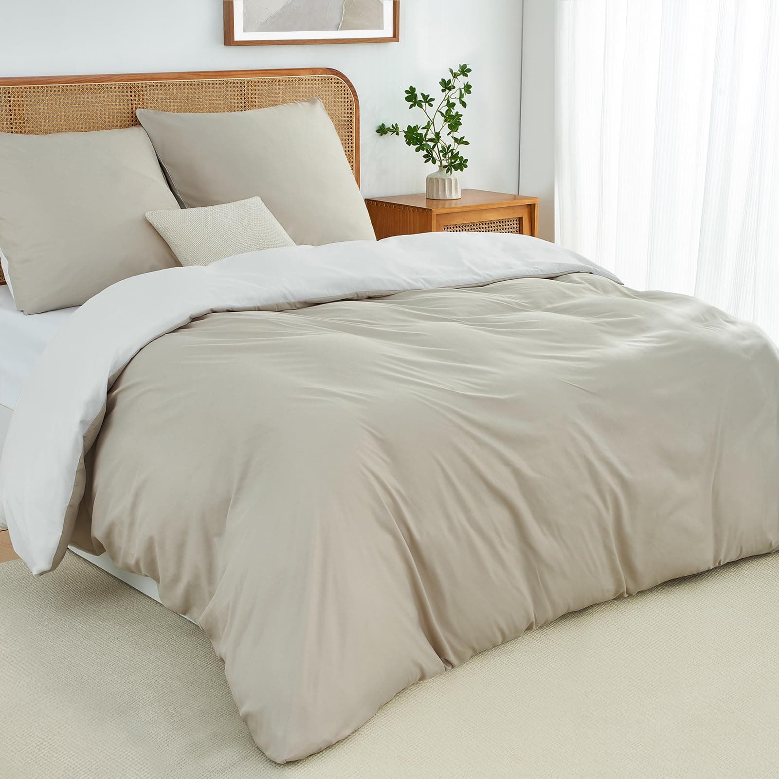 Duvetnova Housse de Couette 240x220 cm Réversible Oeko-TEX Doux & Agréable sur Peau, Fermeture Éclair, Léger & Respirant Parure de lit Beige - Housse de Couette 240x220 + 2 Taies d'oreiller 65x65