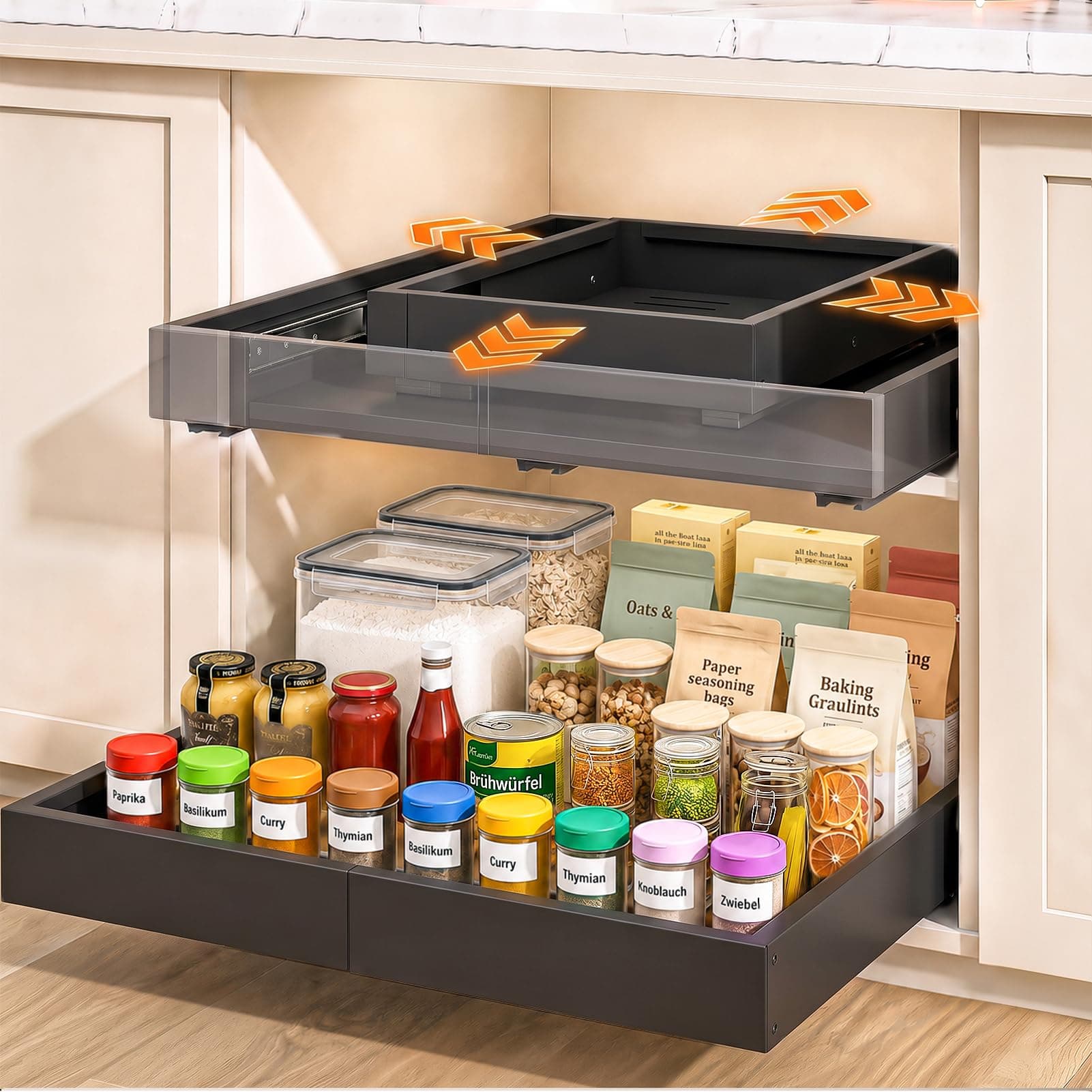 PNNP Cajones Extraibles para Cocina 2 piezas: 4 Direcciones | Ancho (30–51 cm) y profundidad (41–59 cm) ajustables Bandeja Armario Telescópico Adhesivos - Sin Taladrar | Negro