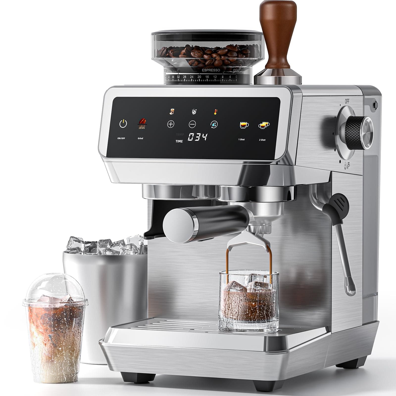 AMZCHEF Machine à café Expresso avec broyeur intégré 20 Bars – 44 réglages de mouture, buse vapeur lait, 4 températures, fonction café froid, acier inoxydable, réservoir 1,8 L