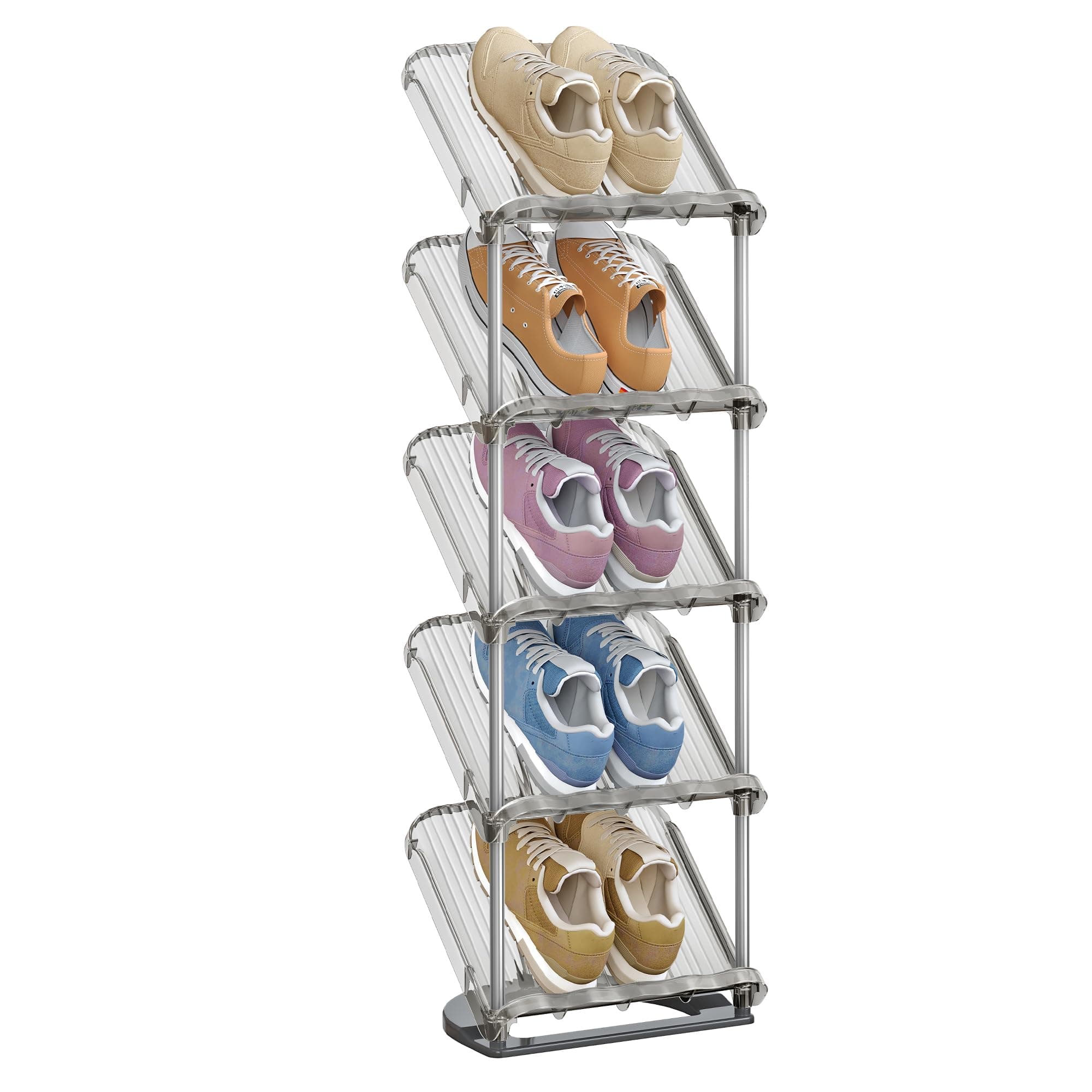 SONGMICS Schuhregal, 5 Ebenen, schräge Schuhablage, Schuhaufbewahrung, Kunststoff, 24,5 x 28,4 x 102,5 cm, flexibel kombinierbar, Eingangsbereich, Flur, Ankleidezimmer, grau LPC049GZ01