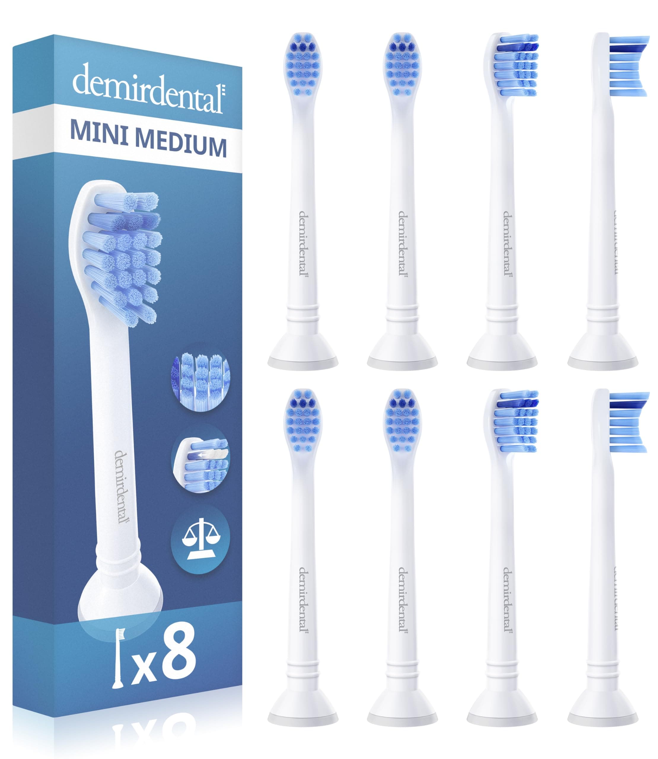 8er demirdental Mini Aufsätze passend für Philips Sonicare Ersatzbürsten, Medium, kleine Bürstenköpfe für präzise Reinigung, Weiß, entspricht HX6028
