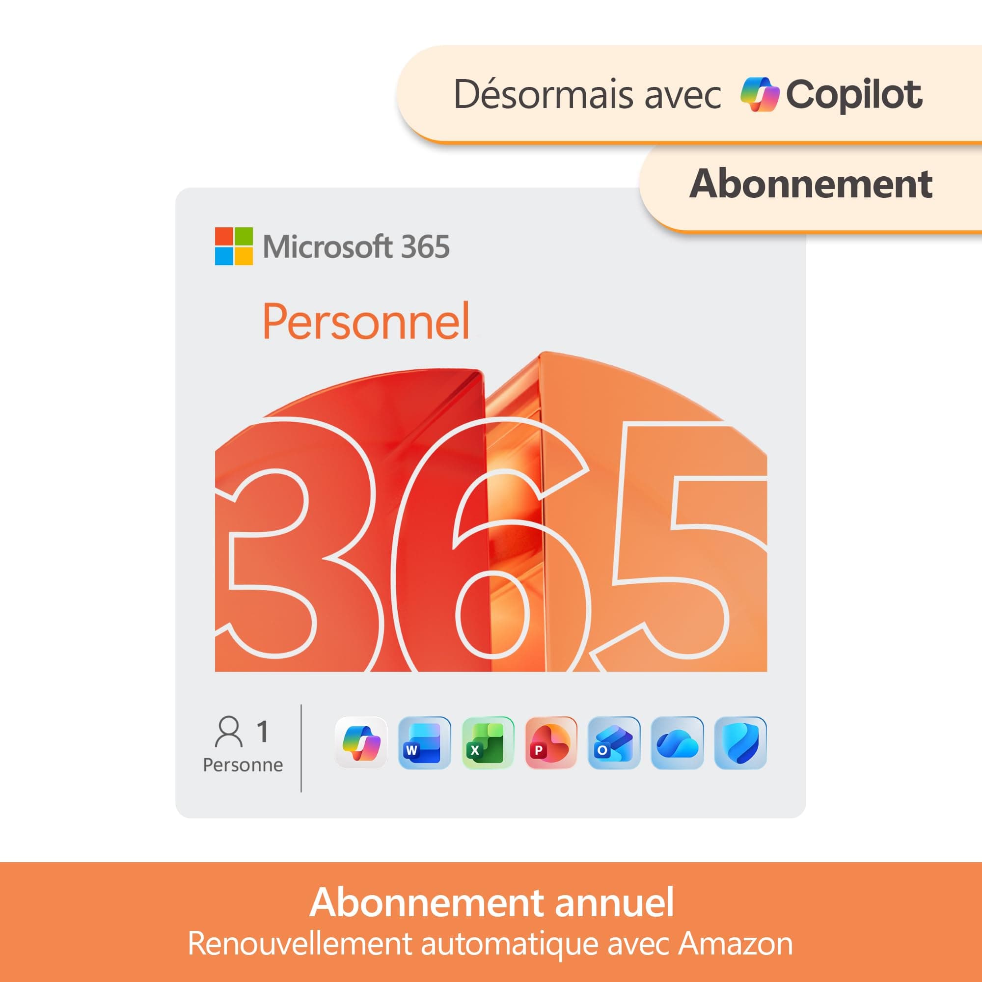 Microsoft 365 Personnel | 12 mois | 1 utilisateur | Applications Office avec IA | 1To de Stockage Onedrive | Abonnement Amazon avec renouvellement automatique