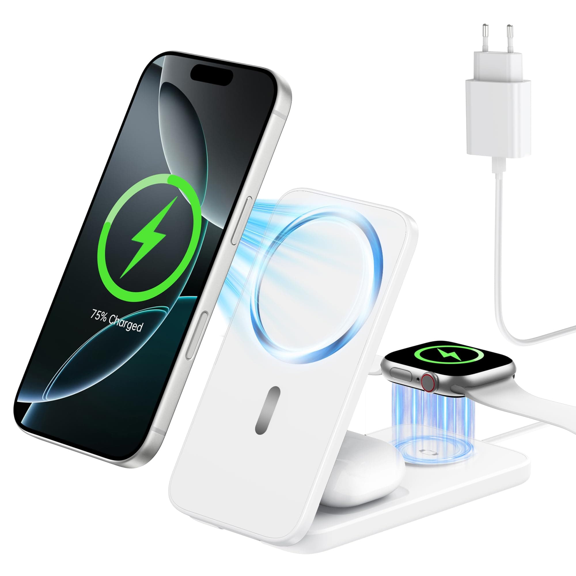 XNYAND Chargeur sans Fil 3 en 1 Magnétique, Station de Charge Pliable | Compatible MagSafe pour iPhone 17/16/15/14/13/12, Apple Watch et AirPods, Chargeur Induction pour Maison, Bureau et Voyage