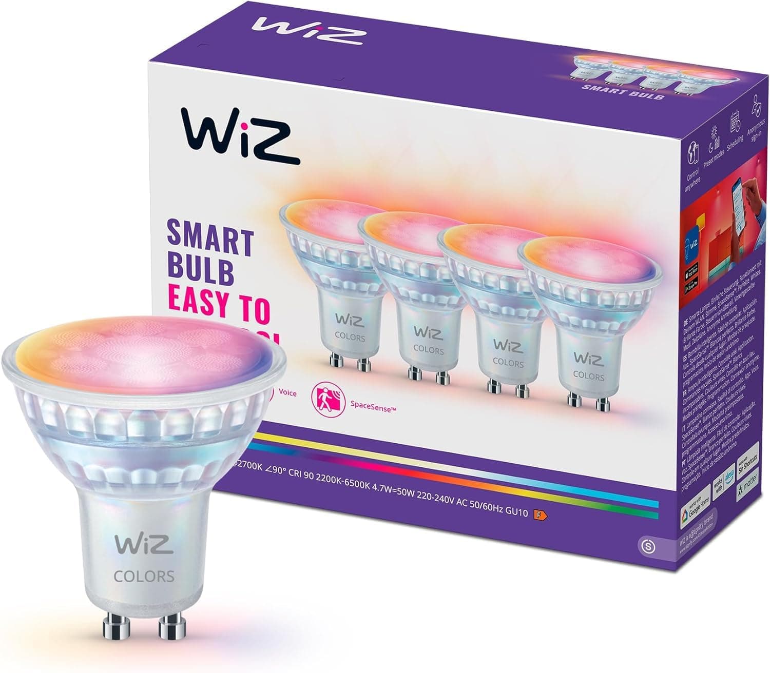 WiZ Spot LED connecté GU10 en verre, Multicolore et Blanc personnalisable, Équivalent 50 W, 2200-6500 K, 345 lumens, Intensité réglable, Compatible Alexa, Google Assistant et Apple Home, pack de 4