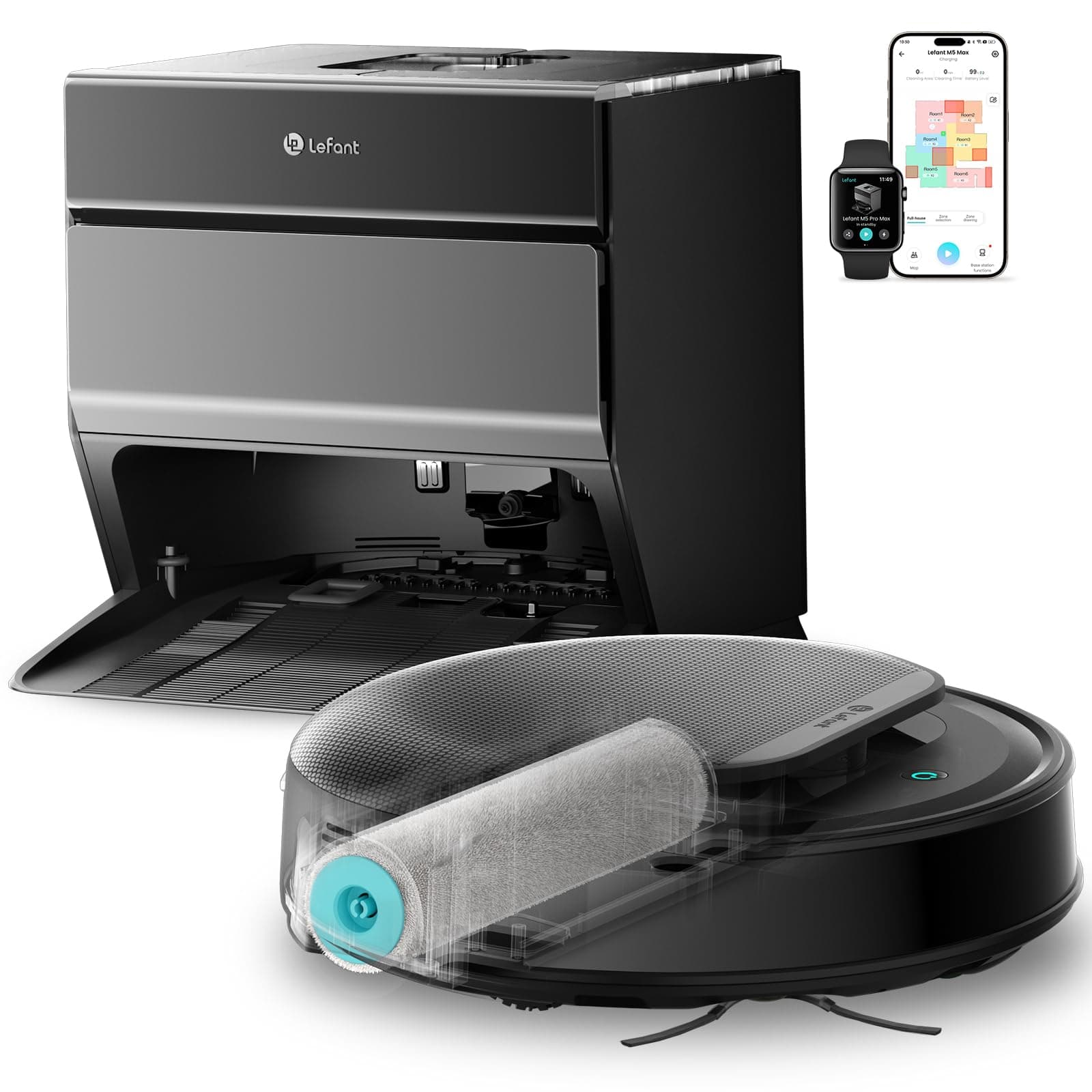 Lefant M5 MAX Robot Aspirapolvere Lavapavimenti con Rullo, 23000Pa, Mappatura Laser dToF, Zero-Groviglio, Lavaggio 75°C con Asciugatura, Base Autopulente, Alexa/App, Grigio