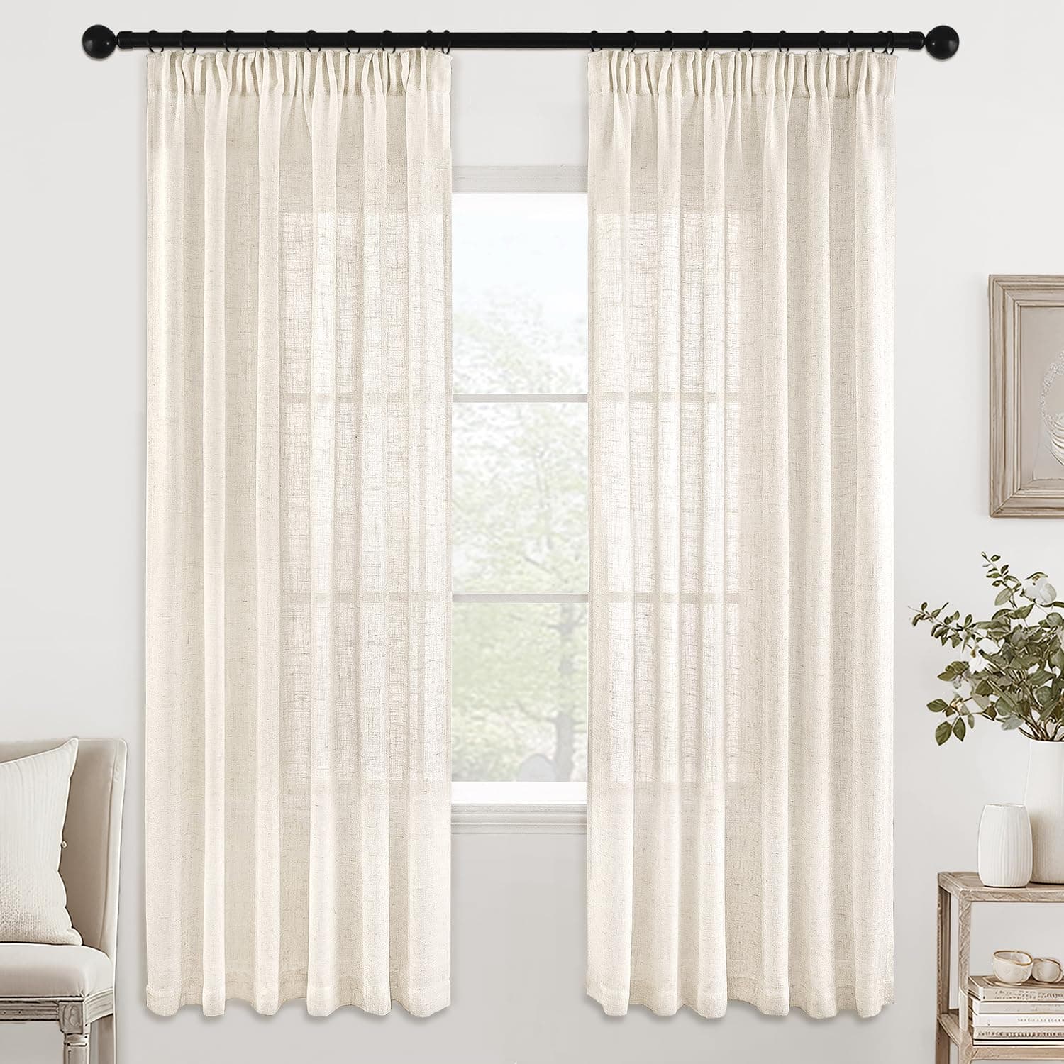 MIULEE Juego de Cortinas de Lino Translúcido de Dos Piezas Cortinas Modernas para Dos Puertas de Balcón Cortinas para Salón Dormitorio 2 Piezas Lino Natural Blanco 175x140cm (HxL)