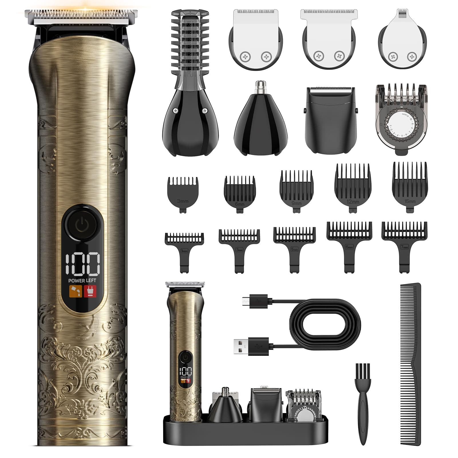 Tondeuse Cheveux Hommes, Kit Professionnel 17-en-1 avec Tondeuse Barbe Homme et Écran LCD ainsi que Tondeuse Finition Zero Gapped Rechargeable USB-C pour un Soin du Corps Complet Homme