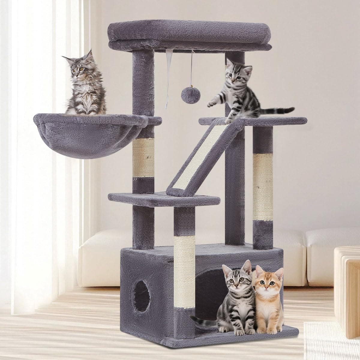 Taoqimiao Rascador para Gatos, 98cm Arbol Rascador para Gatos Cat Tree com 1 Plataformas, 1 Cuevas, Cesta, MS029SG Gris Oscuro
