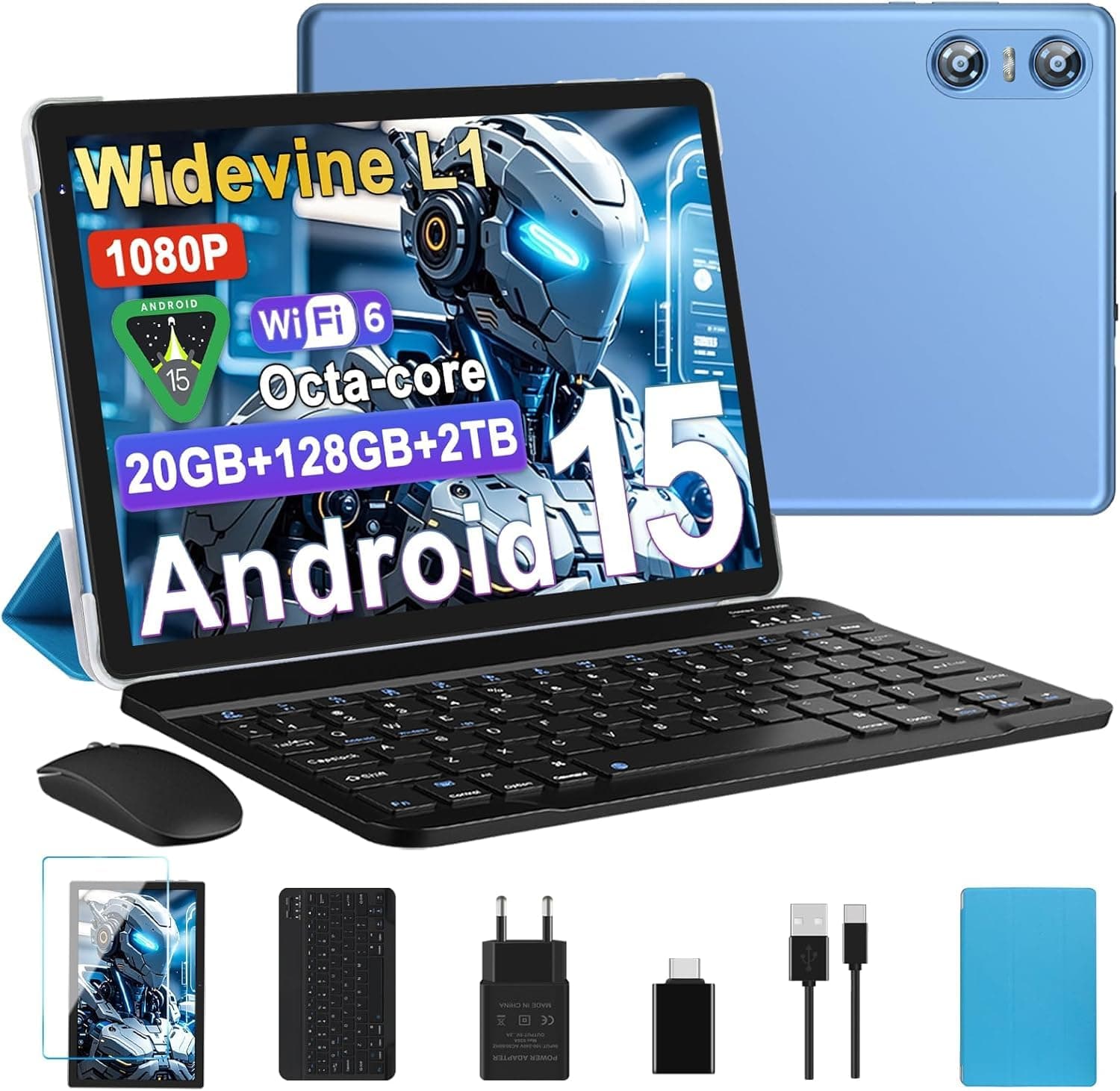 Tablet Android 15 Tablet 10 Pulgadas, 20GB RAM + 128GB ROM (TF 2TB), Octa-Core, Widevine L1, GMS, 5G+2.4G WiFi 6, 5 + 8 MP, 1280 * 800 Pixels, 6000mAh, Bluetooth 5.0, Tablet con Teclado y Raton Azul