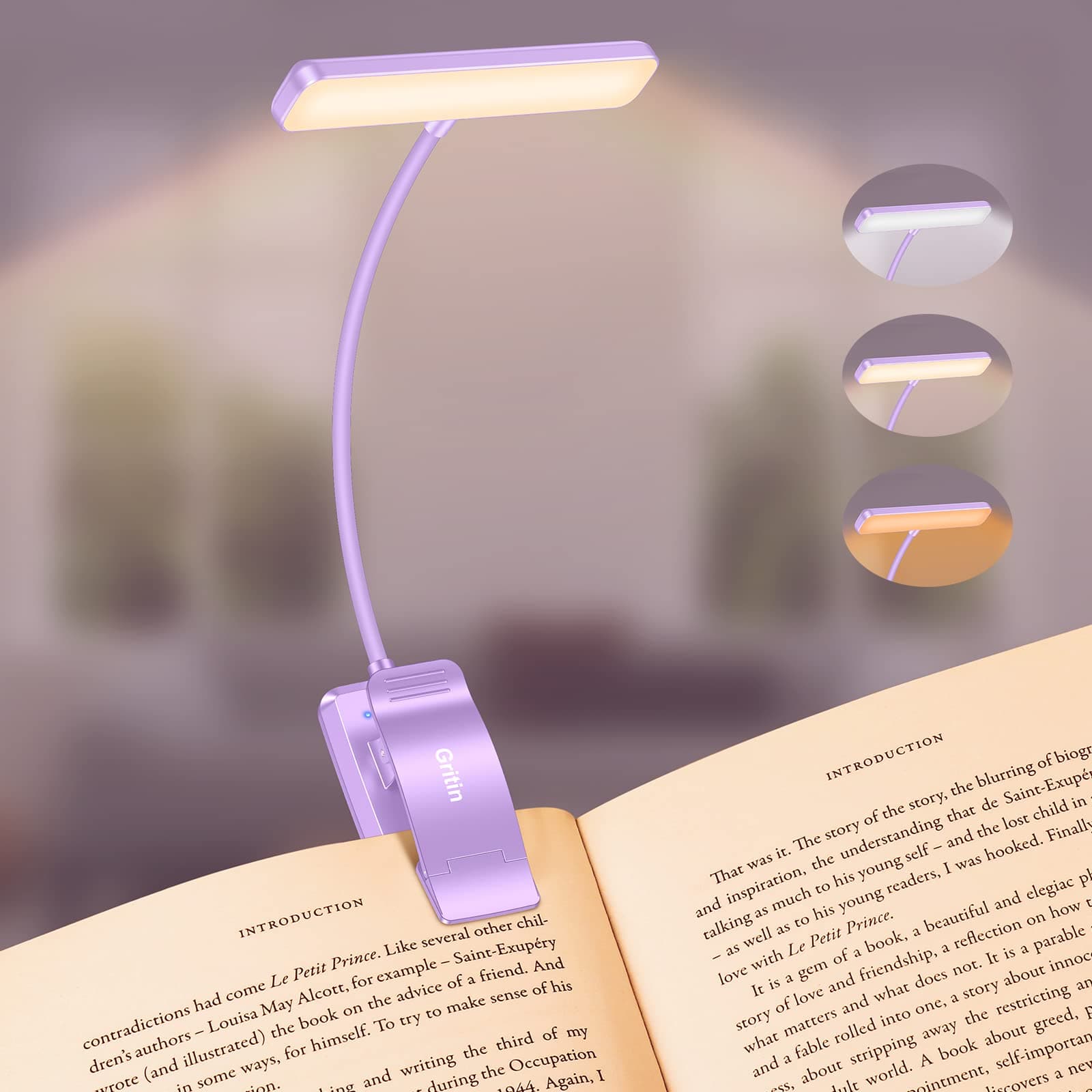Gritin 19 LED Luz de Lectura, Lámpara de Lectura USB Recargable de 360° Flexible con 3 Modos de Iluminación - Protección Ocular & Atenuación Continua & Larga Duración Luz de libro para leer - Púrpura