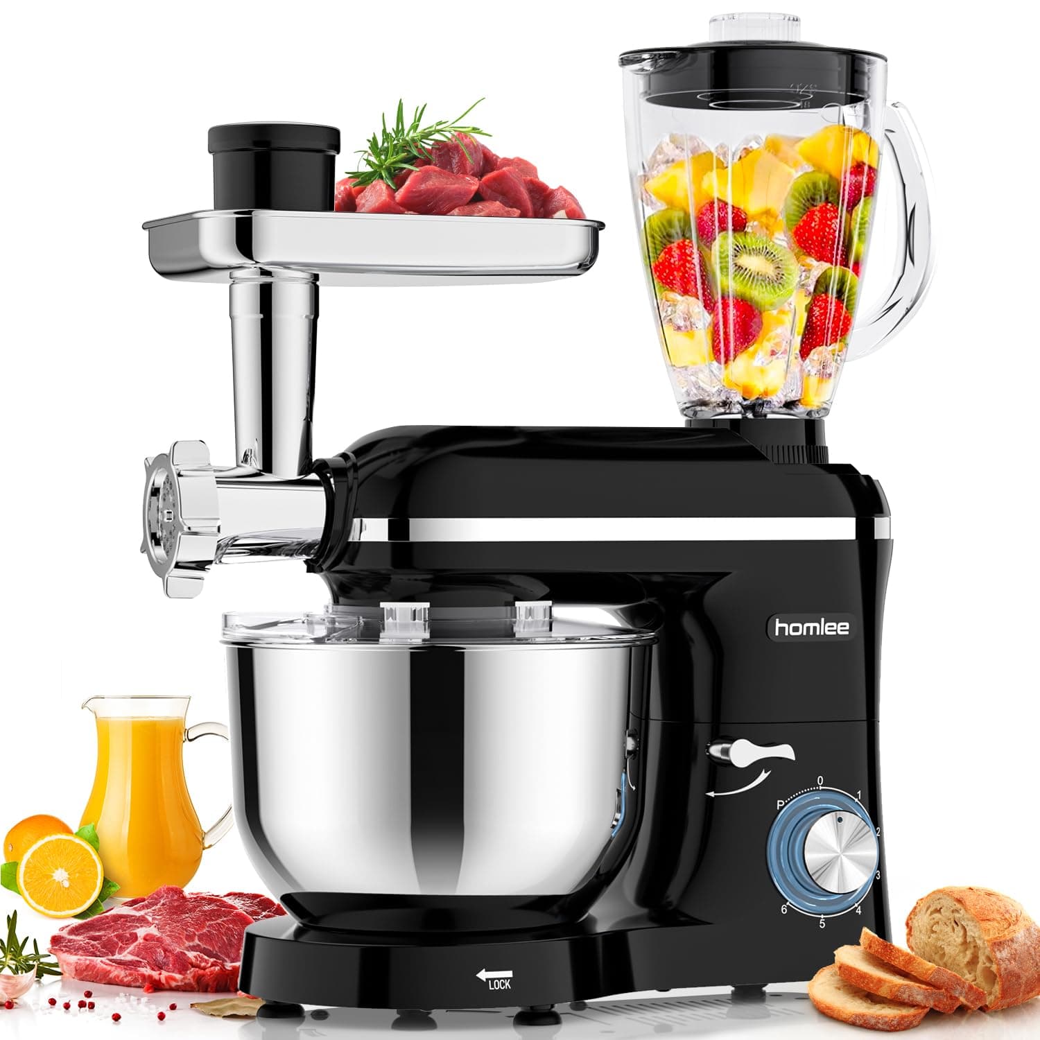 Homlee 3 In 1 Robot De Cocina con Picadora De Carne y Batidora,2000W Amasadora Multifunción, 5.5L Cuenco De Acero Inoxidable,1.5L Exprimidor De zumo, 6 Niveles De Velocidad