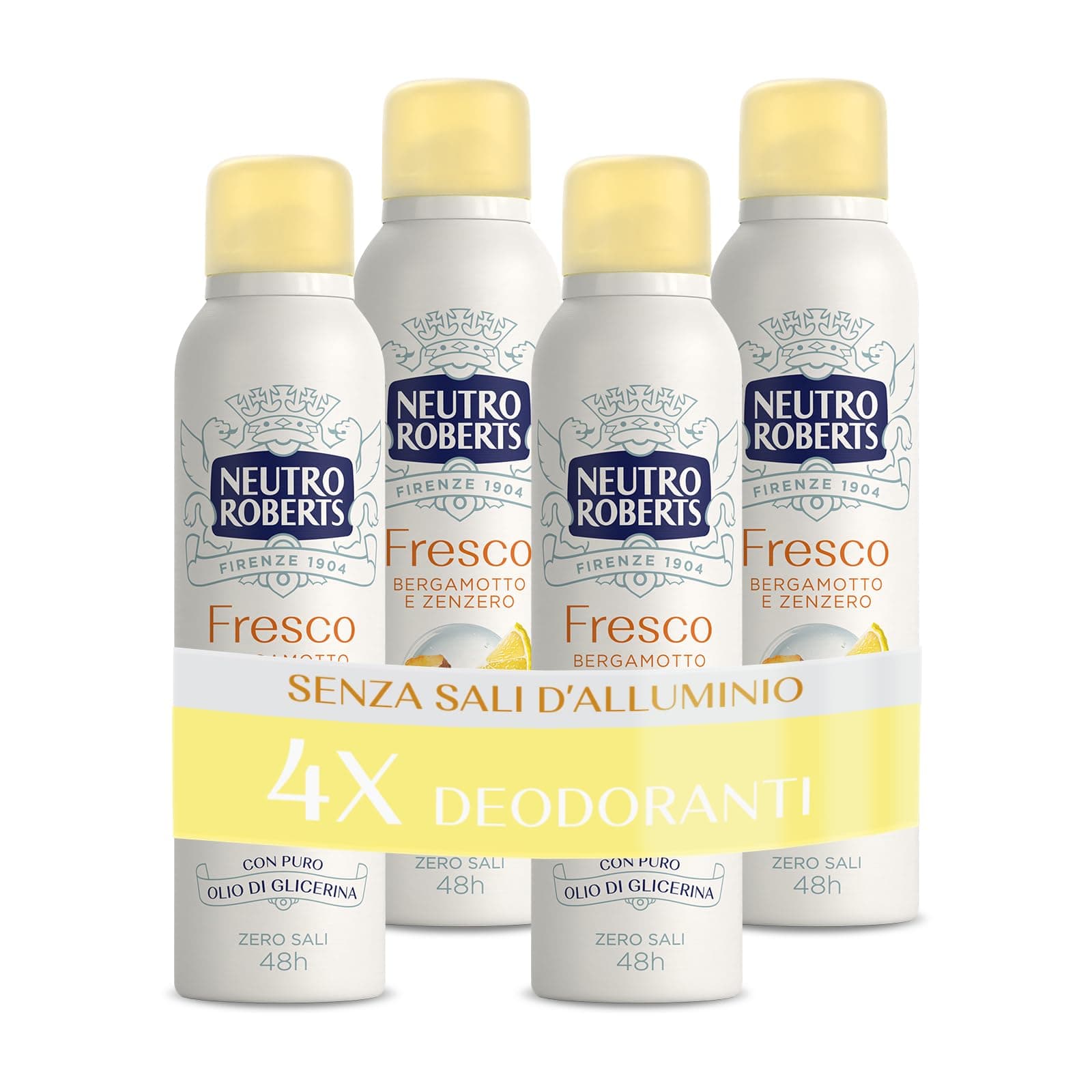 Neutro Roberts Deodorante Spray Fresco Giallo, Bergamotto e Zenzero, Zero Sali di Alluminio, Zero Macchie, con Puro Olio di Glicerina, Uomo e Donna, Dermatologicamente testato, 48h - 4 Pezzi da 150 ml