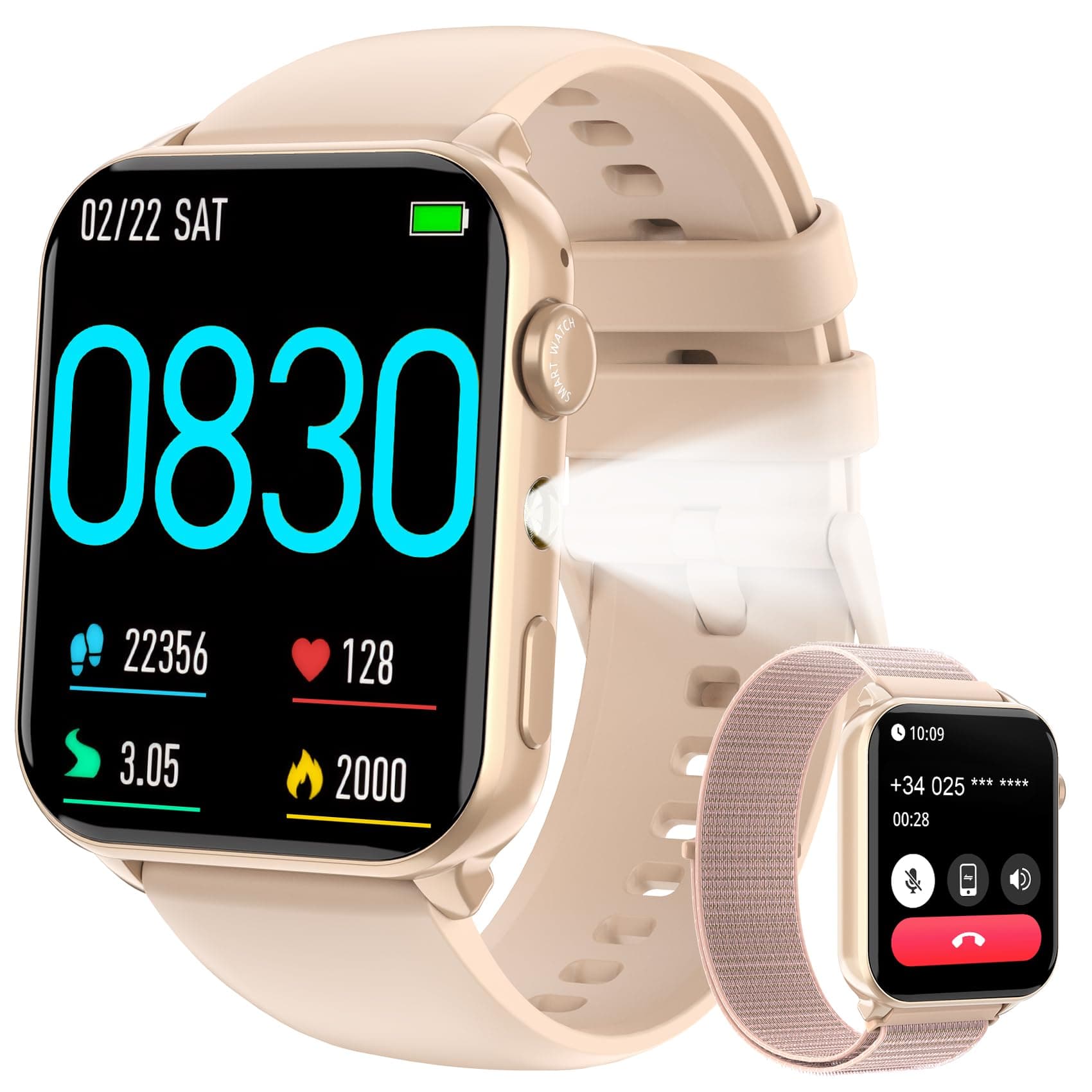 Reloj Inteligente Mujer, Smartwatch Mujer con Linterna y Llamadas Bluetooth, 1.91" Smart Watch con 2 Correas, Notificación, Podómetro, Pulsómetro, Diseño Fino, IP68 Pulsera Actividad para Android iOS