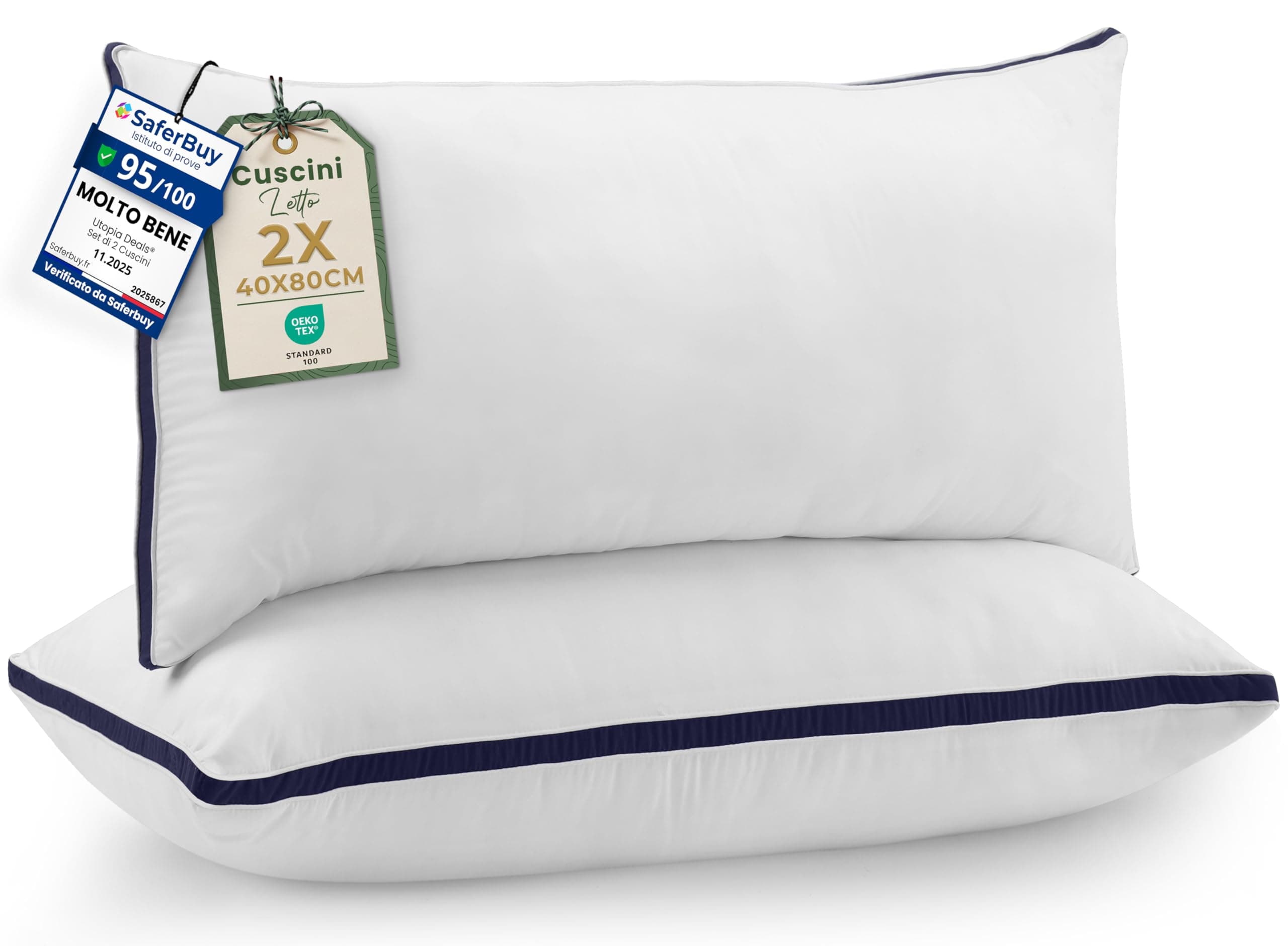 Utopia Bedding Cuscini Letto (Set di 2), 40 x 80 cm Guanciali Letto Coppia, Tessuto spazzolato con Fibra di Poliestere 3D, Morbida e Traspirante Cuscini (Blu Marino)