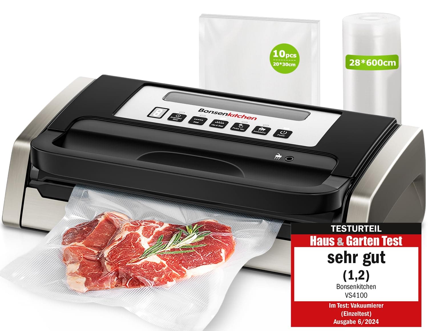 Bonsenkitchen Envasadora al Vacío, Potente y Silencioso, Tecnología Globefish para Trabajo Continuo, Diseño con Mango Bloqueado, Cortador Integrado, Negro