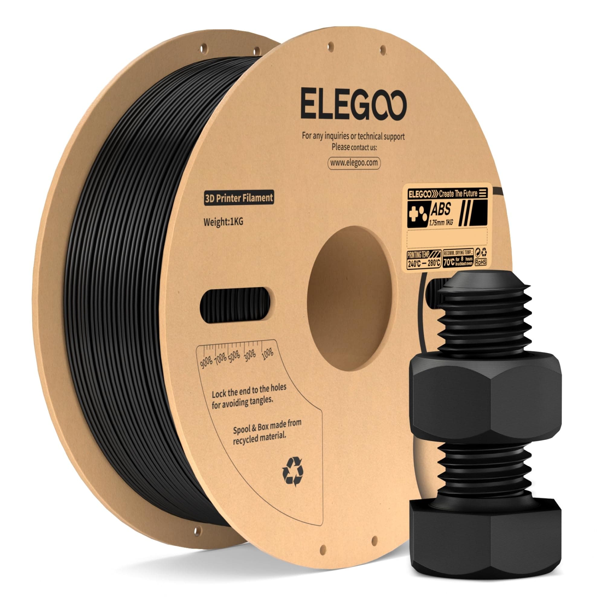 ELEGOO ABS Filament 1,75 mm Schwarz 1KG, 3D-Drucker Filament, Hohe Zähigkeit und Schlagfestigkeit, Hitze- und Wasserbeständig, Ingenieurebene 3D Druckmaterialien für 3D Printer, 1kg Spule