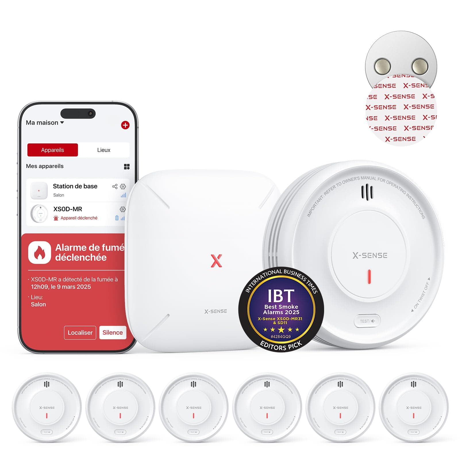 X-Sense Détecteur de Fumée Connecté avec Station de Base SBS50 avec Pad Adhésif Magnétique, Alarme Incendie Intelligent avec Durée de Vie de 10 Ans et Batterie Remplaçable, Fonction APP, XS0D-MR61