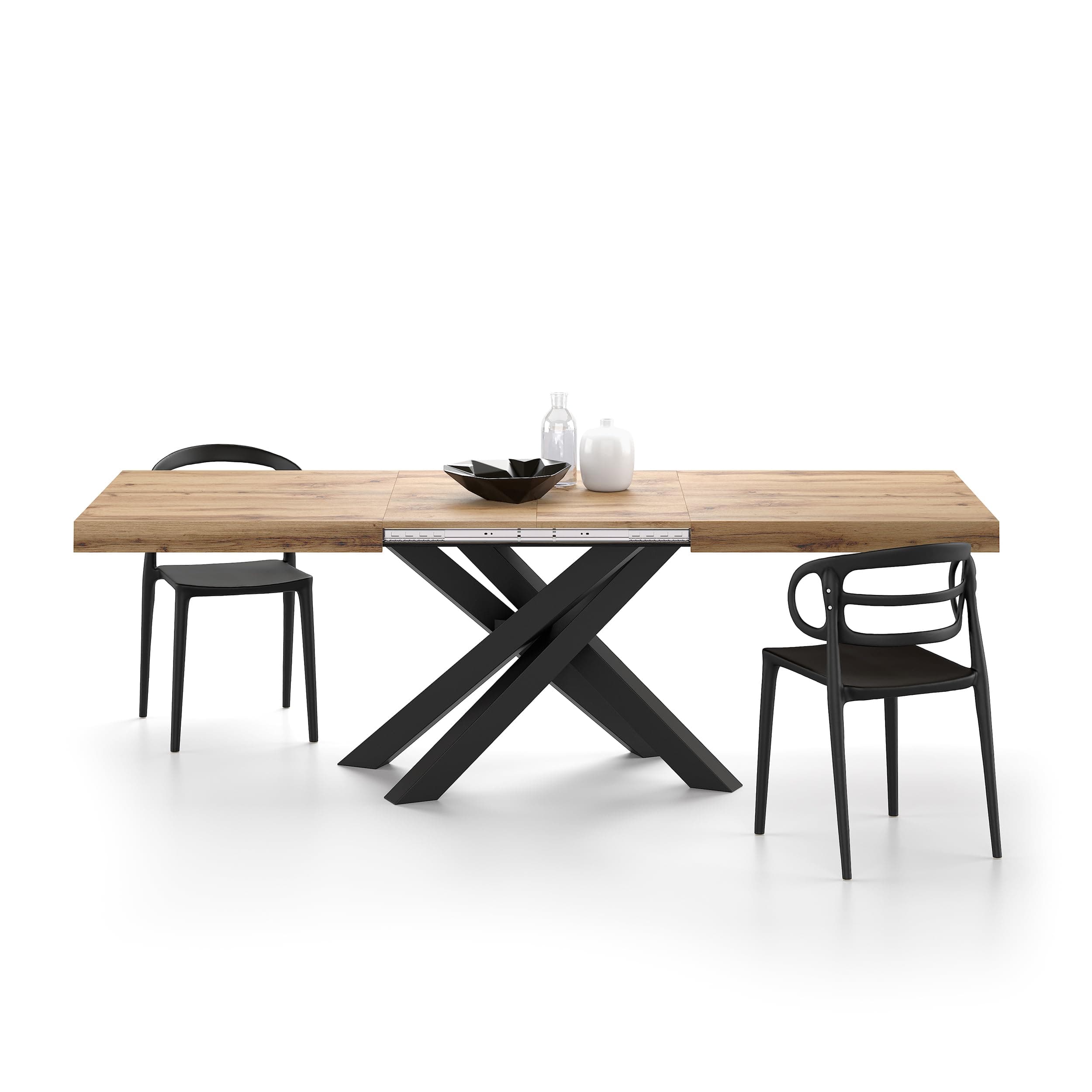 MOBILI FIVER, Table Extensible Emma 160(240) x90 cm, Bois Rustique avec Pieds Croisés Noirs, pour 6-10 Personnes, Table Extensible pour Cuisine, Salon, Made in Italy
