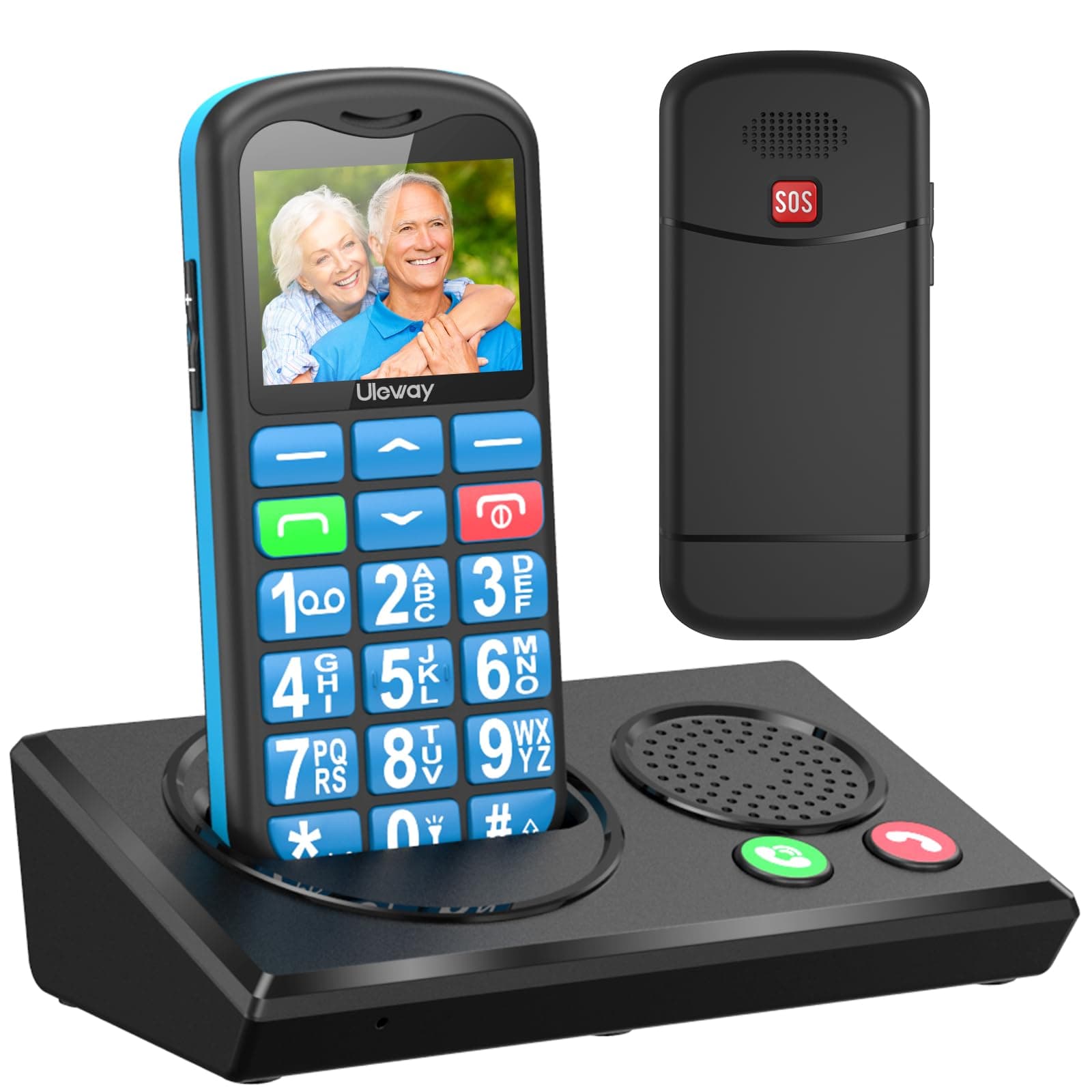 Tosaju Téléphone Portable 4G Senior débloqué avec Station de Chargement Bluetooth, Haut-Parleur Mains Libres, Volume élevé, Gros Bouton pour Personnes âgées Bouton SOS de Base Bleu