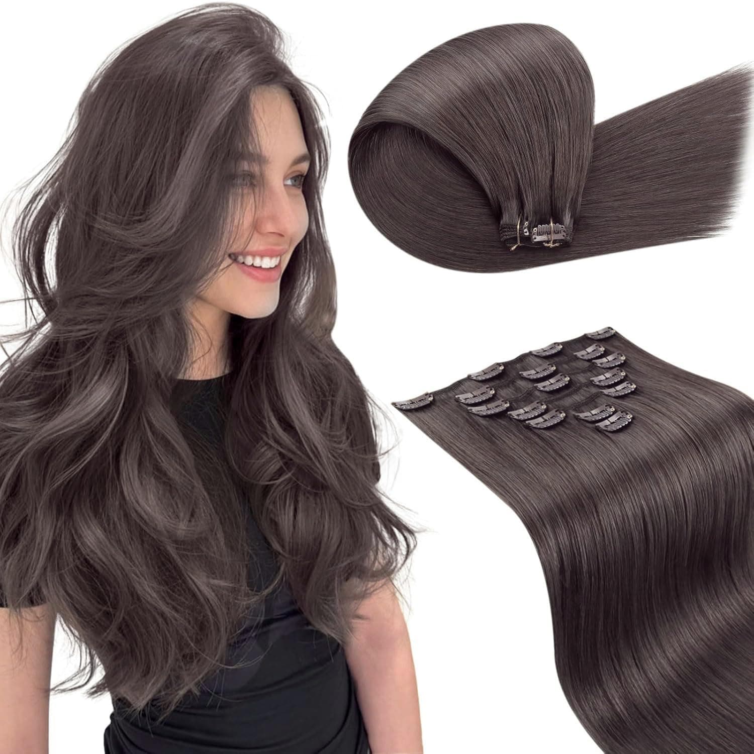 LaaVoo Extension Capelli Veri Clip Marrone Moka Clip in Extension Capelli Umani Lisci Extension Clip Remy Capelli Remy 55 cm 7 pcs 120 g #1C