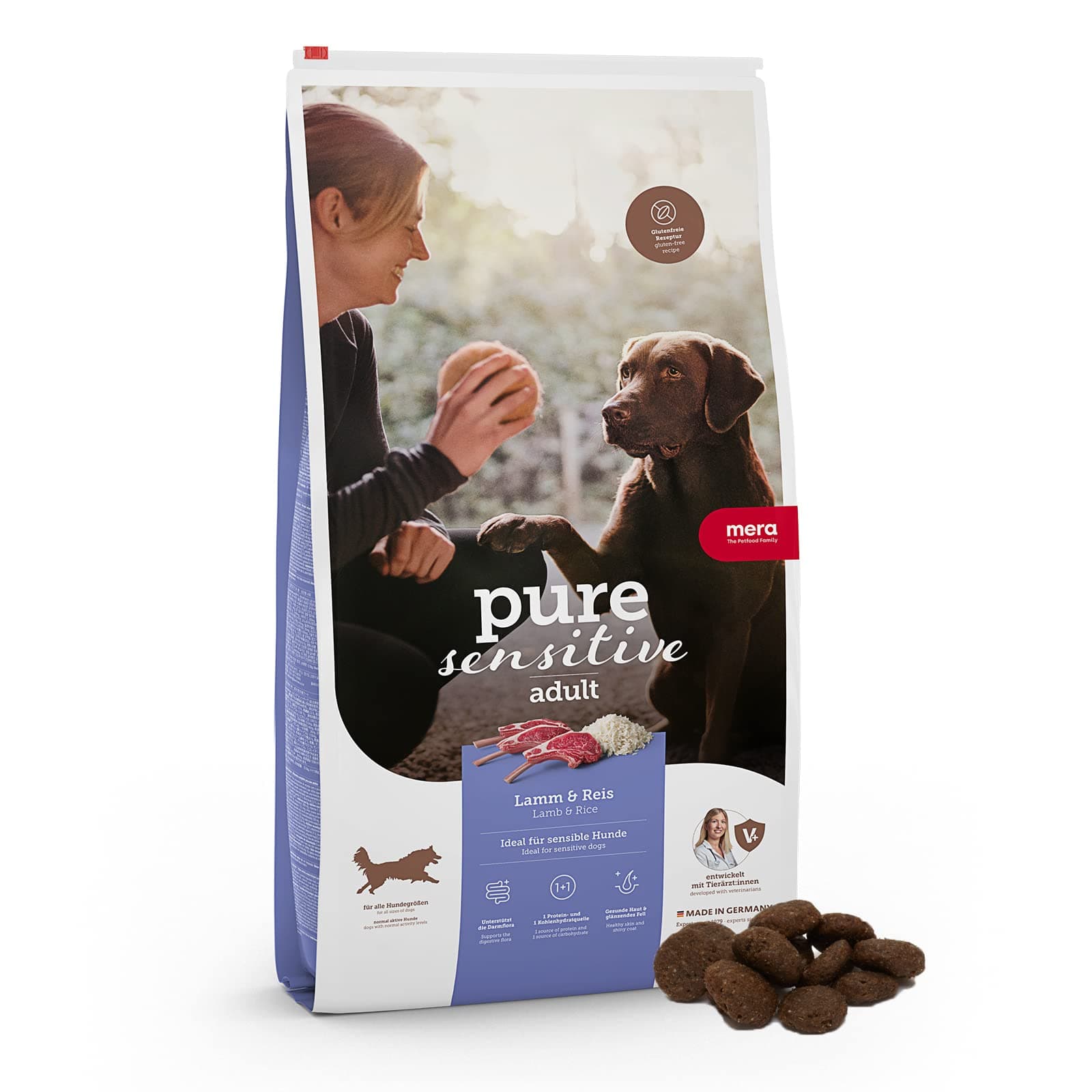 MERA Pure Sensitive Lamm & Reis, Hundefutter trocken für Sensible Hunde, Trockenfutter aus Lamm und Reis, Futter für ausgewachsenen Hund, ohne Weizen und Zucker (12,5 kg)