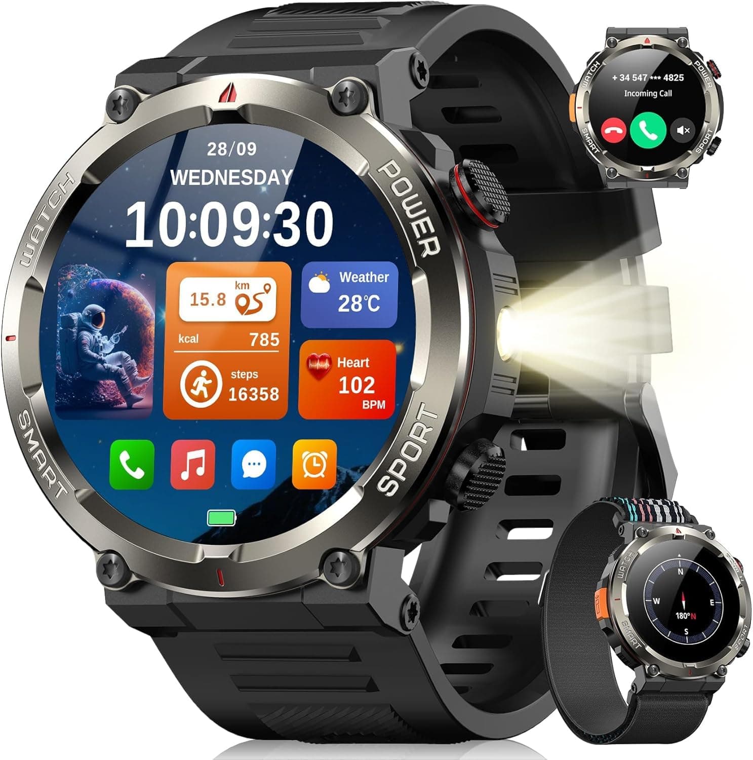 Blackview Smartwatch Uomo, Orologio Intelligente Fitness con Chiamate Bluetooth,1.45" Militari Smart Watch Tracker 100+ Modalità Sportive per Cardiofrequenzimetro,SpO2, Torcia,Bussola per Android iOS