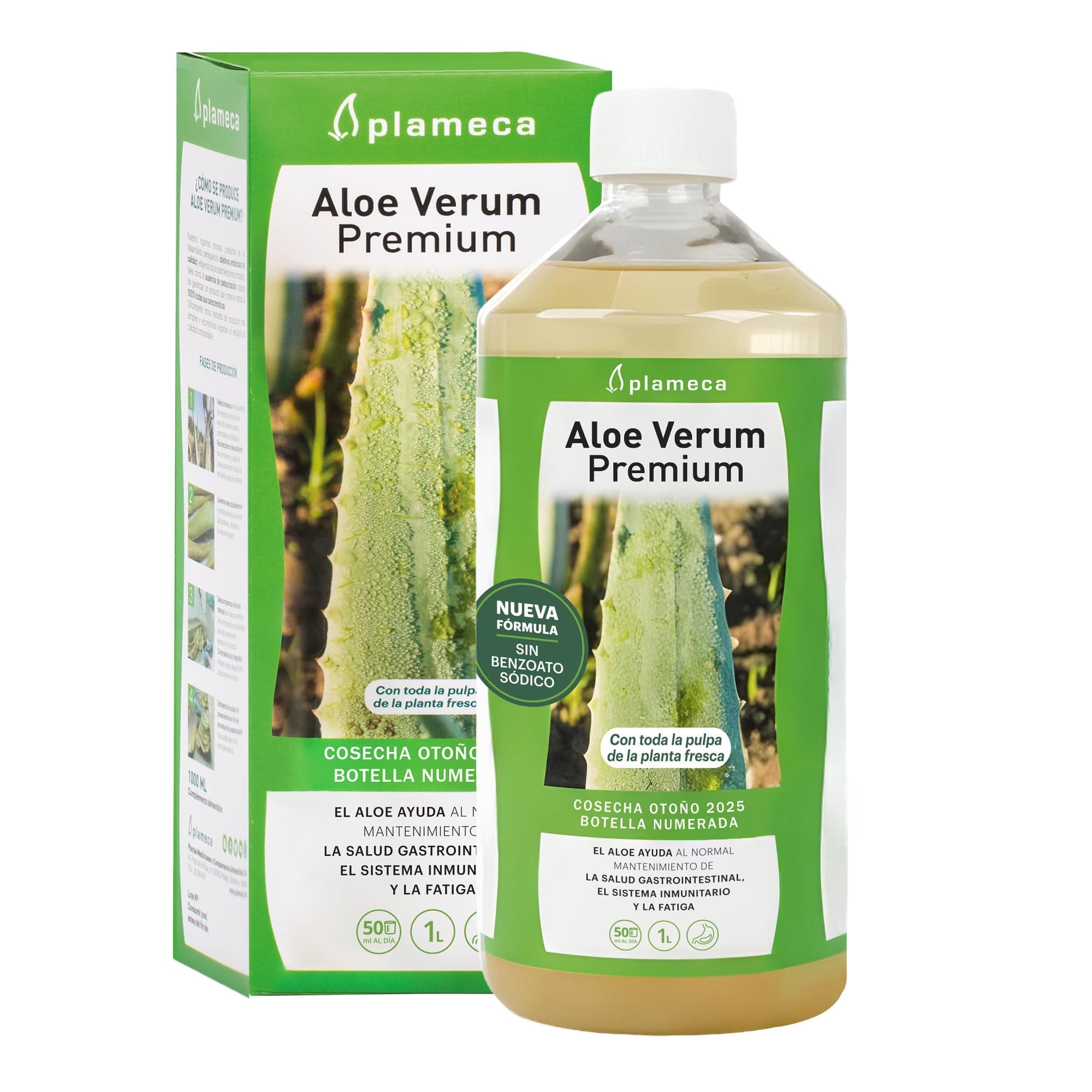 PLAMECA Aloe Verum Premium, Salud Gastrointestinal, Sistema Inmunitario y Situaciones de Fatiga, Jugo puro Aloe Vera con Pulpa y Sin Aloína, 1L