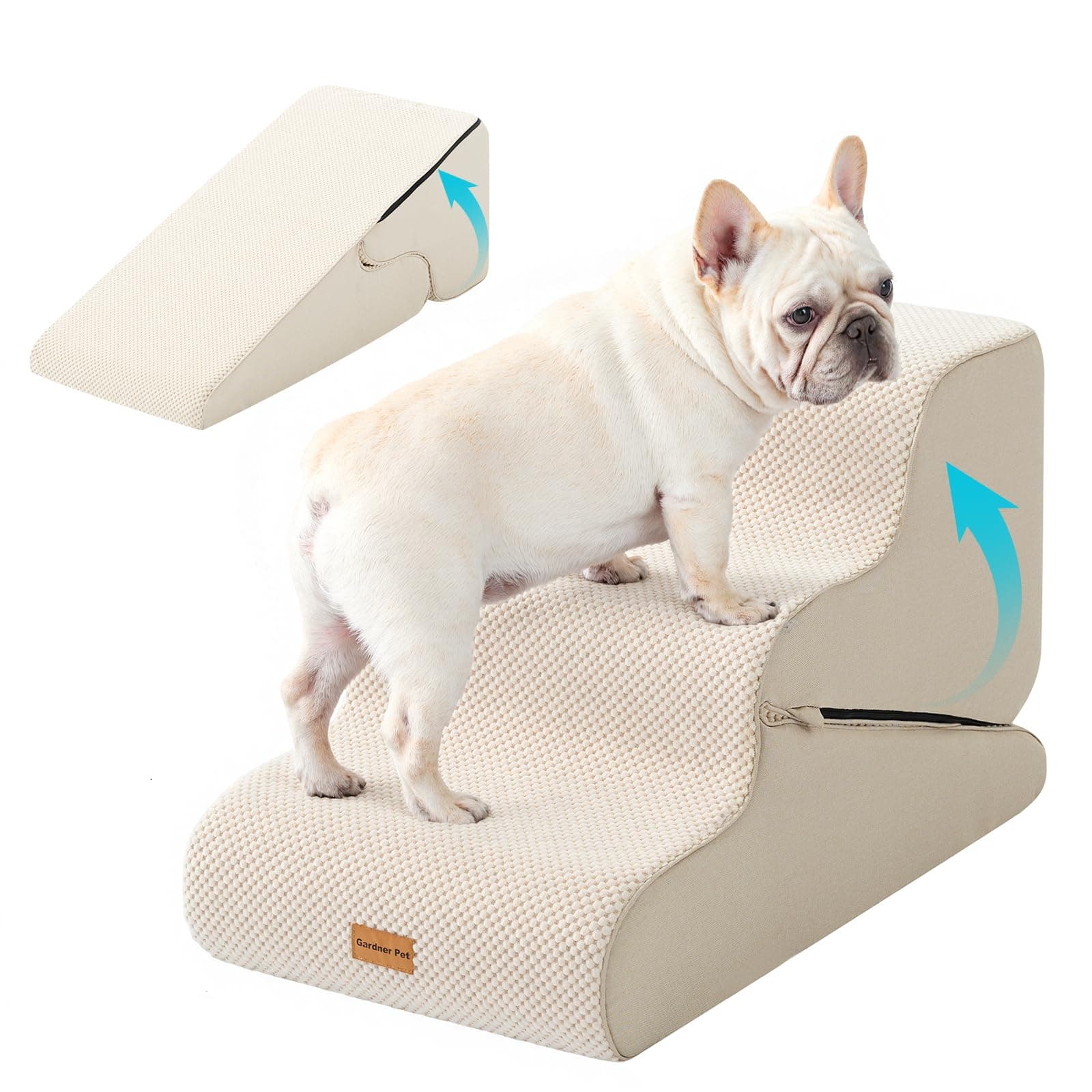 Gardner Pet Escalera para Perros 2 en 1, Altura 42cm, con Tres Peldaños de Espuma de Alta Densidad y Diseño Ancho Antideslizante para Facilitar el Acceso a Sofás y Camas - Beige