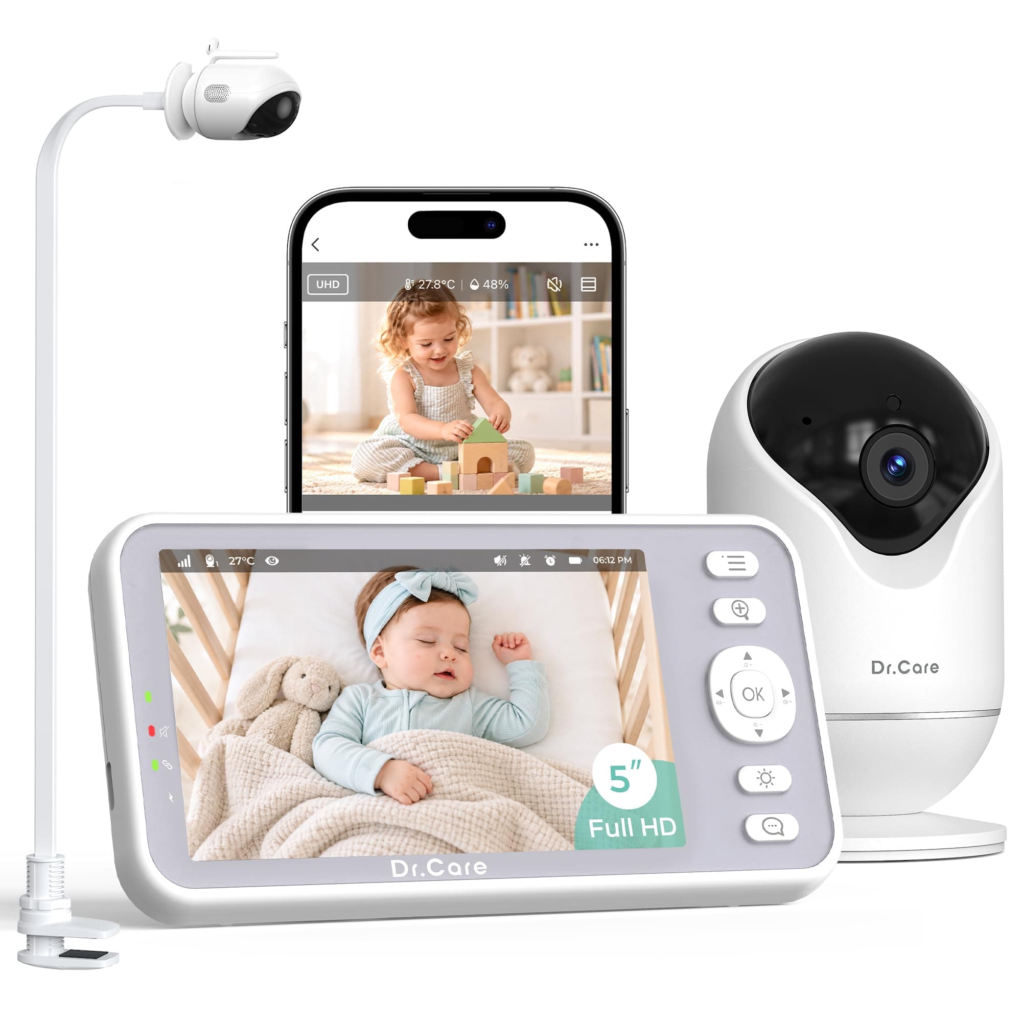 Dr.Care Babyphone Camera WiFi 1080p, 5", Alertes Mouvement, Support à Pince | Audio bidirectionnel, batt. amovible 5000mAh, vision noct. HD, zone danger, détection T°/humidité, 390m, VOX, VistaView Lite