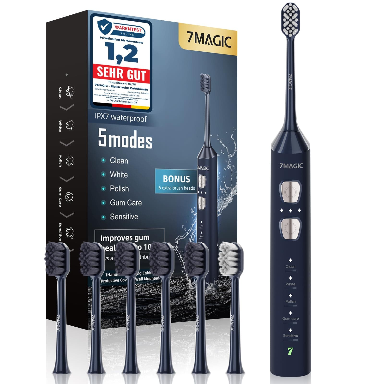 Spazzolino Elettrico, Spazzolini Elettrici, Spazzolino Sonico - 3 Intensità, 5 Modalità, 40000VPM, IPX7, Spazzolino Denti Elettrico Autonomia 180 Giorni e Timer, Blu