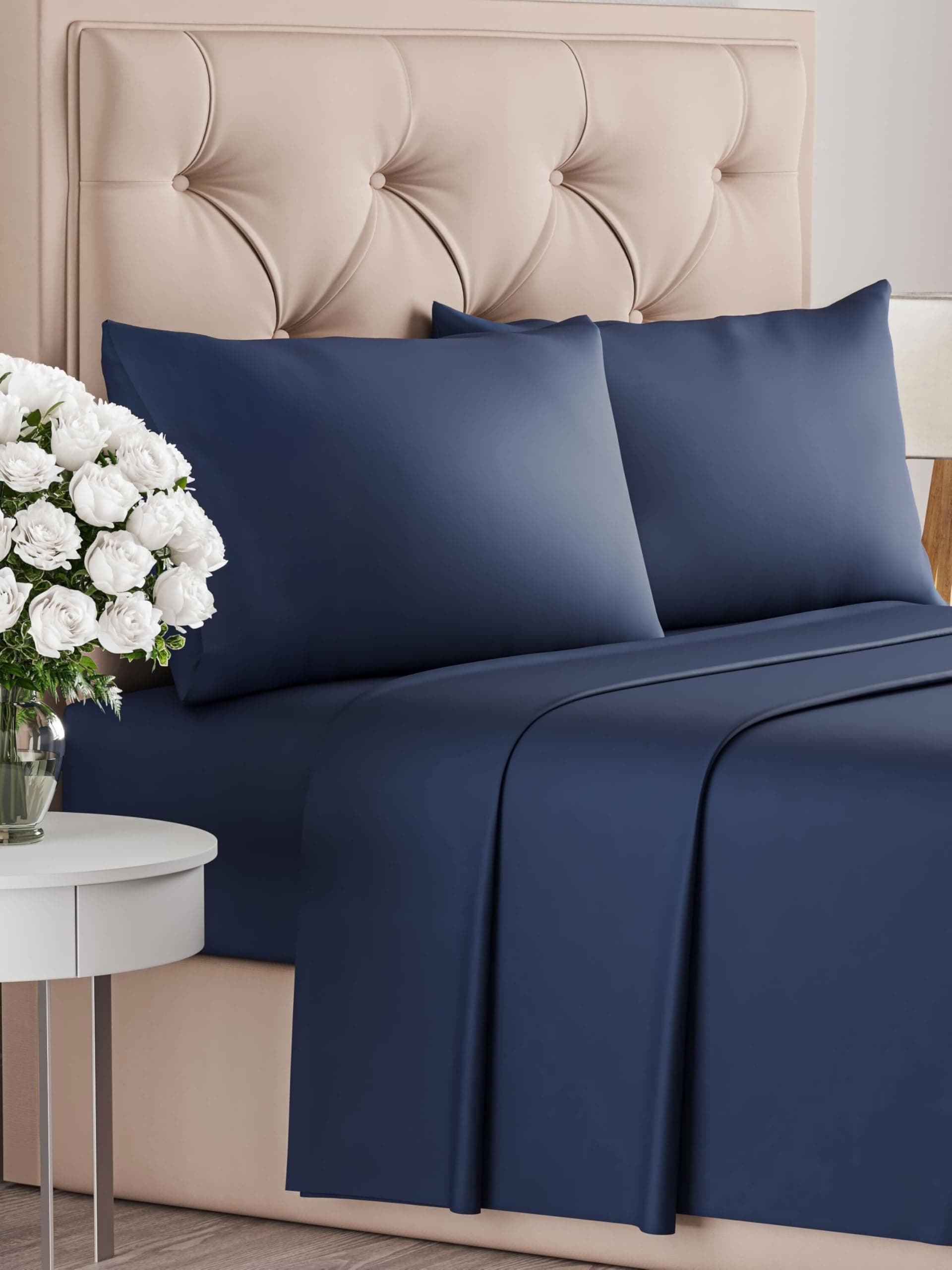 Juego de Sabanas 4 Piezas Cama 180x200 - Sábana Bajera, Sábana Encimera y 2 Fundas Almohada 50x80 - Microfibra Suave Transpirable Antiarrugas - Ropa de Cama Colchón hasta 35cm - OEKO-TEX - Azul marino