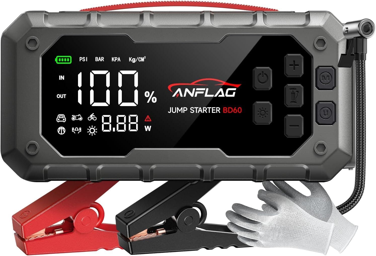 Arrancador de Baterias de Coche con Compresor de Air, ANFLAG 8000A 160PSI Arrancador(para All Gas/14L Diésel/Híbrido), 26800mAh 12V Jump Starter con Clips de Seguridad Inteligentes/Guantes/Luces