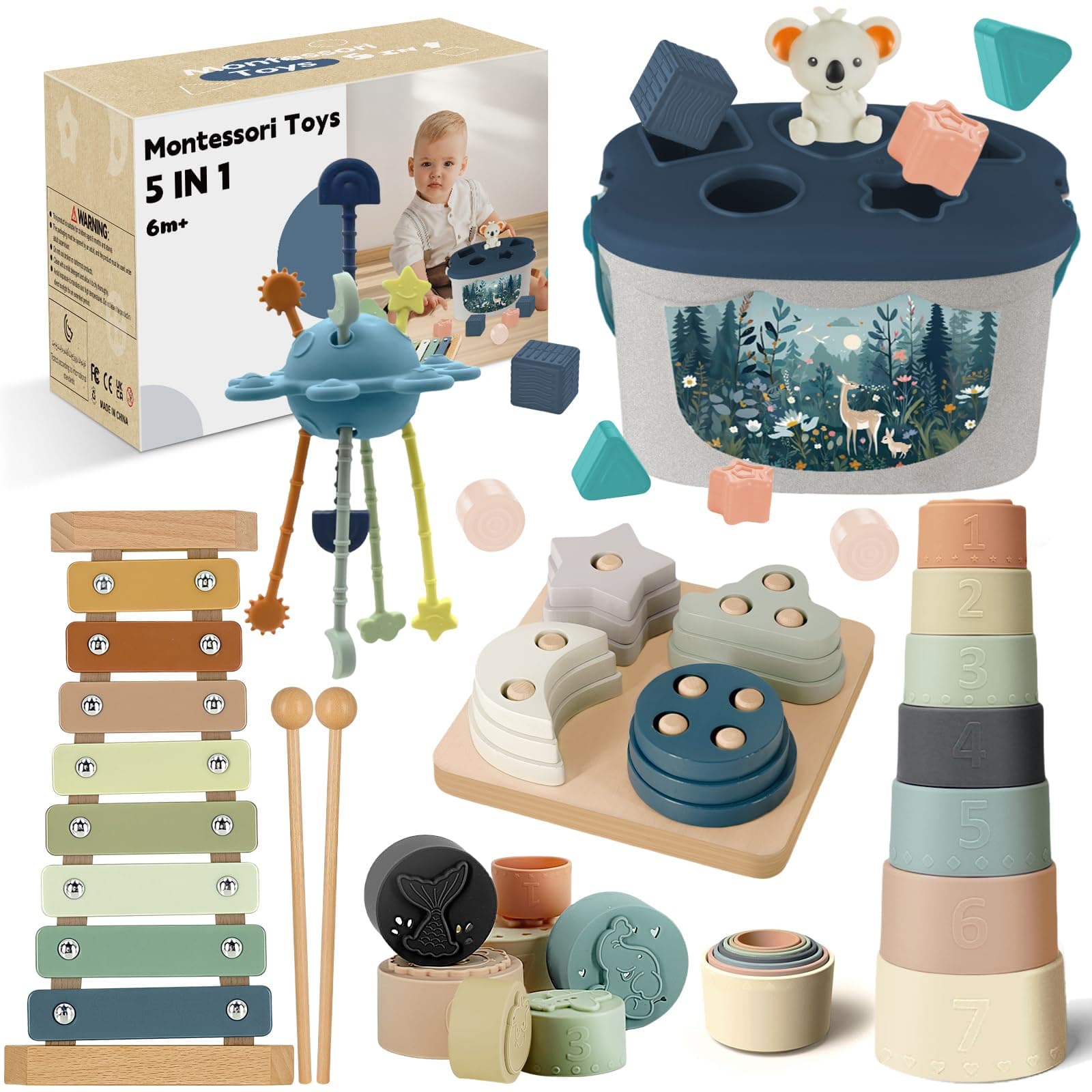 Juguetes Bebes 6-12 Meses,5 en 1 Juguetes Montessori,Juguetes Sensoriales con Cuerda para Tirar, Clasificación y Apilamiento de Formas,Xilófono,Taza de Apilable,Regalos Bebés Montessori 6 a 12 Meses