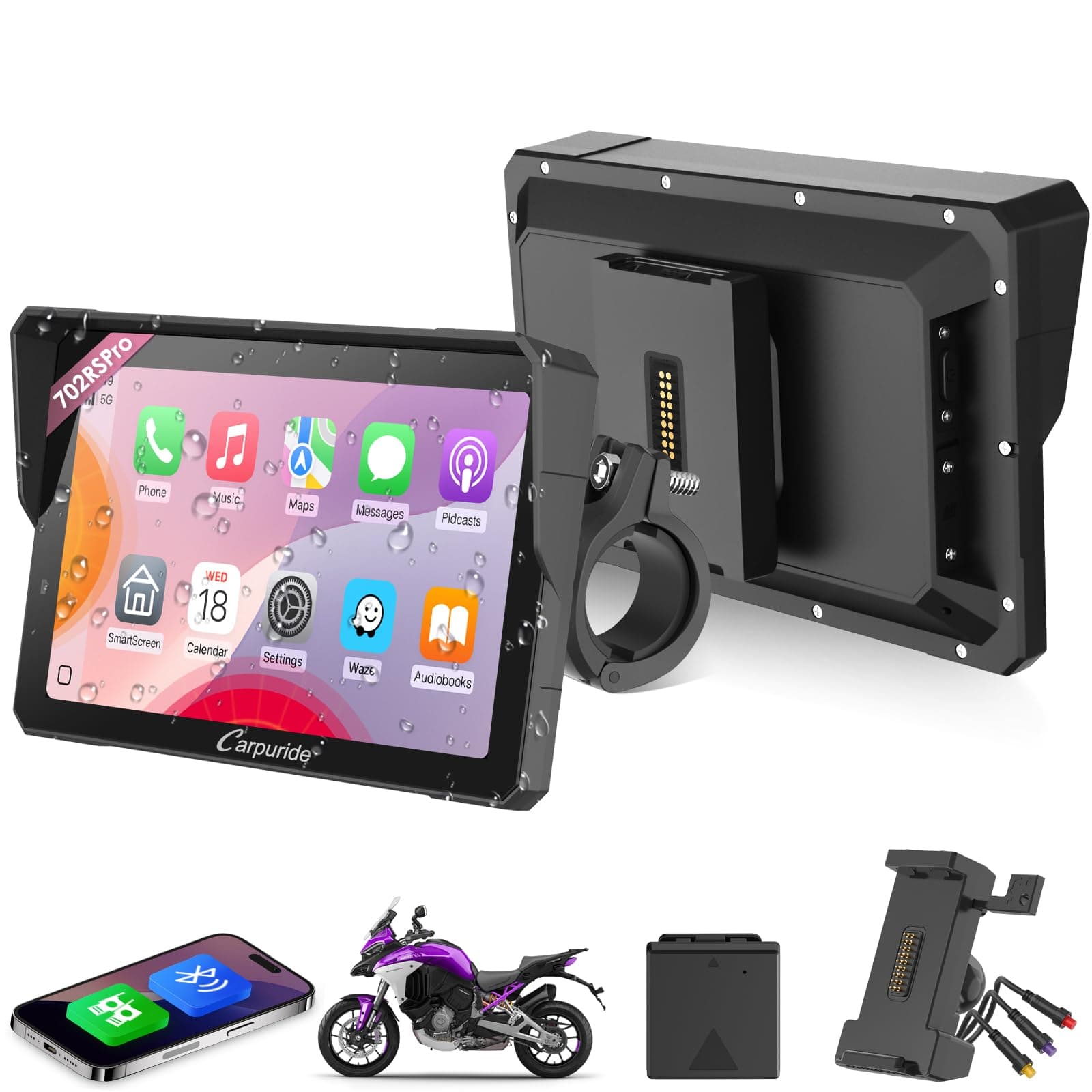 CARPURIDE W702RS Pro Motocicleta Carplay Pantalla con Radar BSD y BM05 Soporte, Inalámbrico CarPlay y Android Auto, 7" Impermeable Táctilpantalla, Intercomunicador, Dual Bluetooth, Cable Controlador.