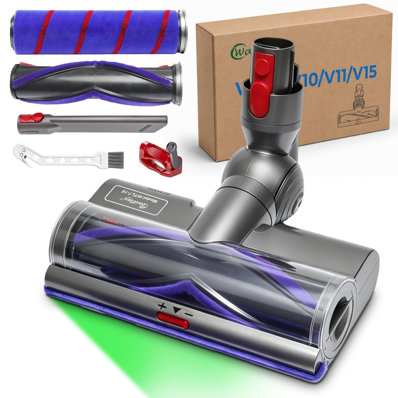Waitley Cepillo para Dyson V8, Cepillo para Dyson V10/V11, LED Motorizado | Para Dyson V7/V8/V10/V11/V15; cabezal motorizado con LED, giro flexible y rodillos para suelos duros y alfombras