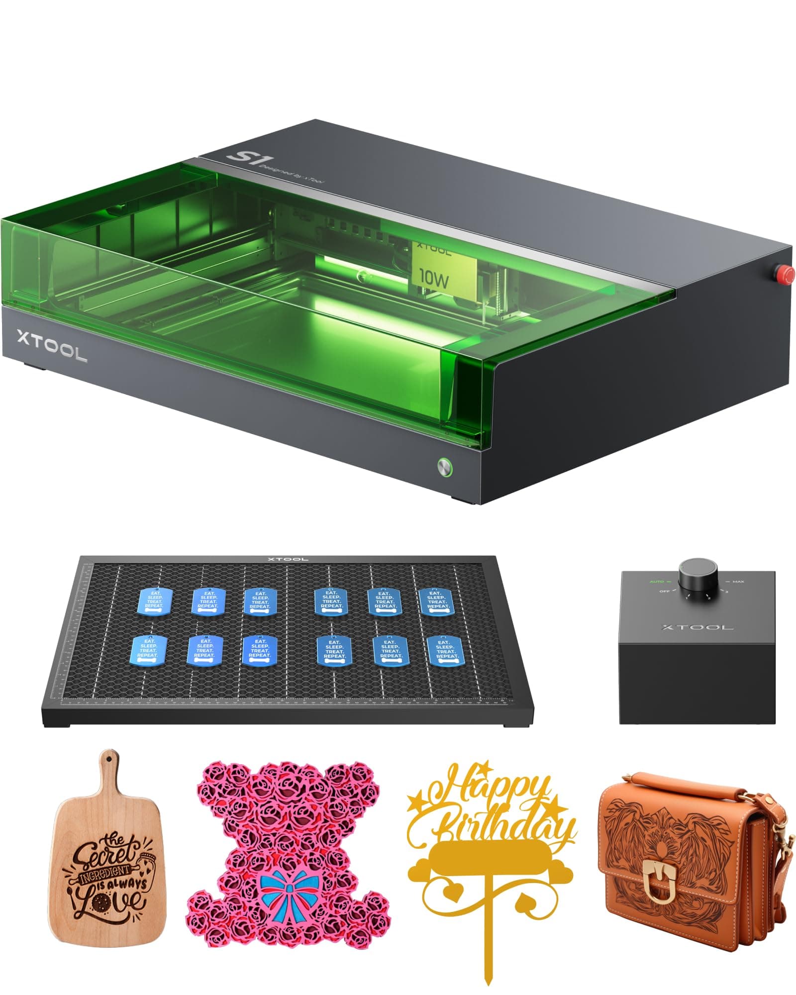 xTool S1 10W Graveur Laser avec Panneau de Travail et Assistance d'air, 0.04 * 0.06mm Spot Laser, Positionnement à Pin-Point, 400mm/s, Machine a Graver Laser pour Bois, Cuir, Acrylique, Tissu