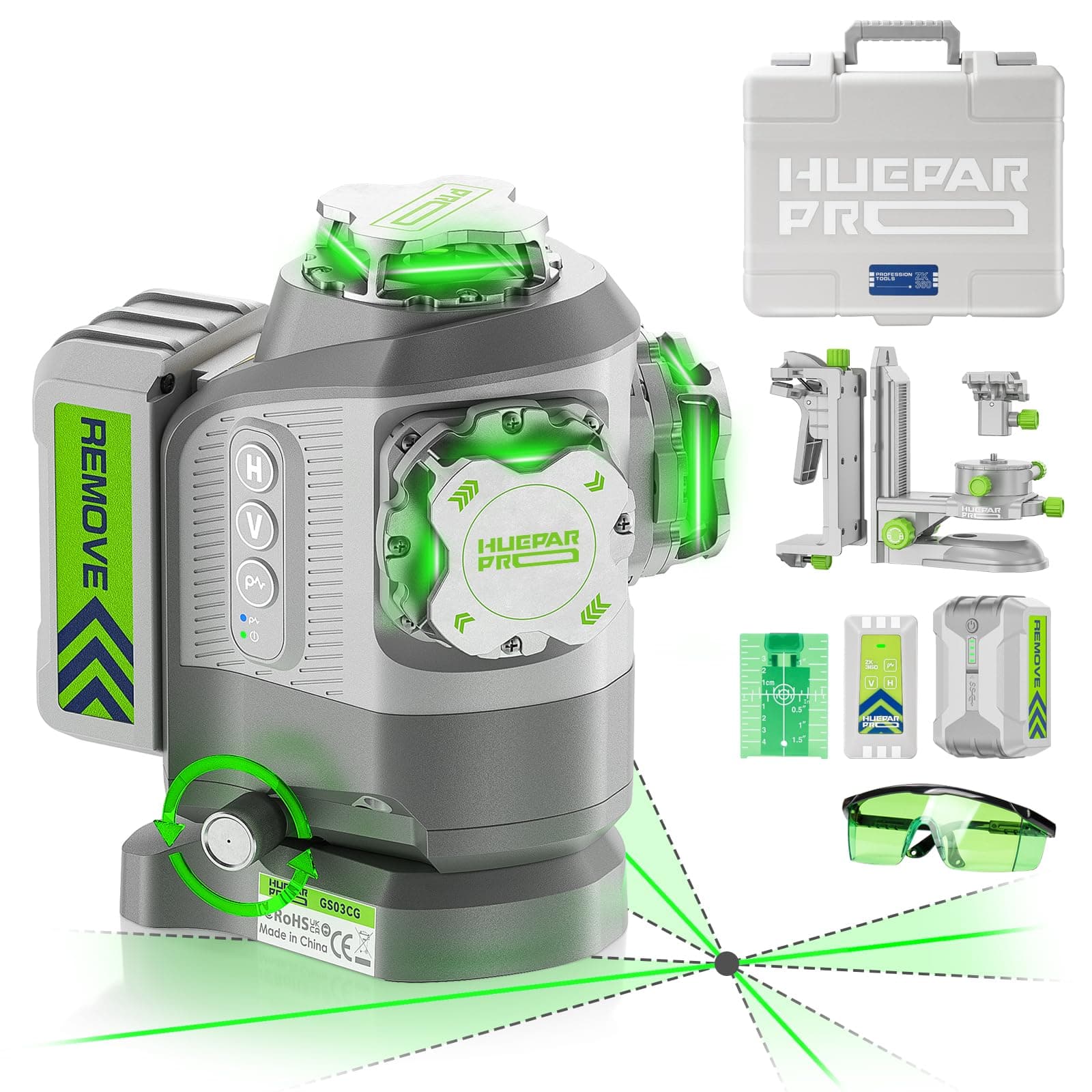 Huepar Pro Niveau Laser Nouveautés 2026 Pivotant Autour d’un Point avec Base Rotative, Niveau Laser Vert 360 autonivelant, Rechargeable, Télécommande Précision ±2 mm Mode Impulsion Usage Professionnel