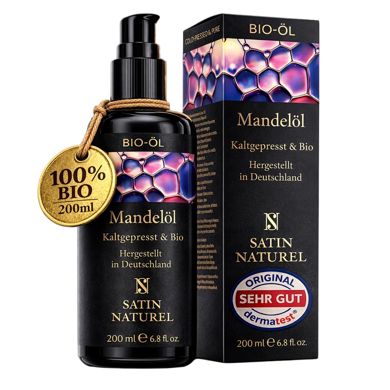 Satin Naturel Bio Mandelöl kaltgepresst 200 ml – 100% naturreines Süßmandelöl – Haaröl, Gesichtsöl, Körperöl & Babyöl – Pflege für Haut & Haare – Für trockene & empfindliche Haut