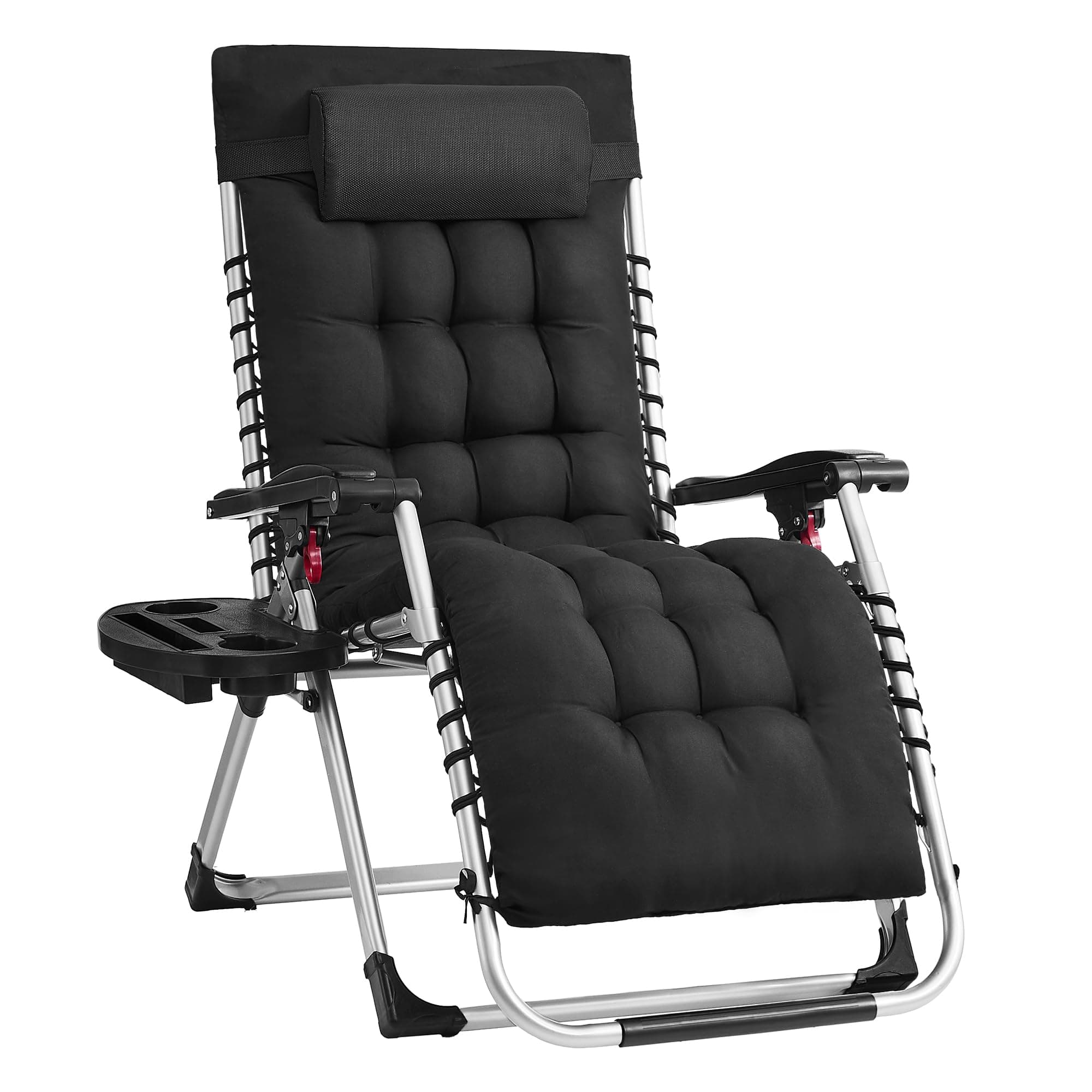 SONGMICS Chaise Longue Pliante, Chaise de Gravité Zéro avec Coussin Amovible, Structure en Acier, Supporte Jusqu'à 110 kg, Appui-Tête Réglable, Sac, Plateau, pour Jardin, Balcon, Noir GLB040BZ02