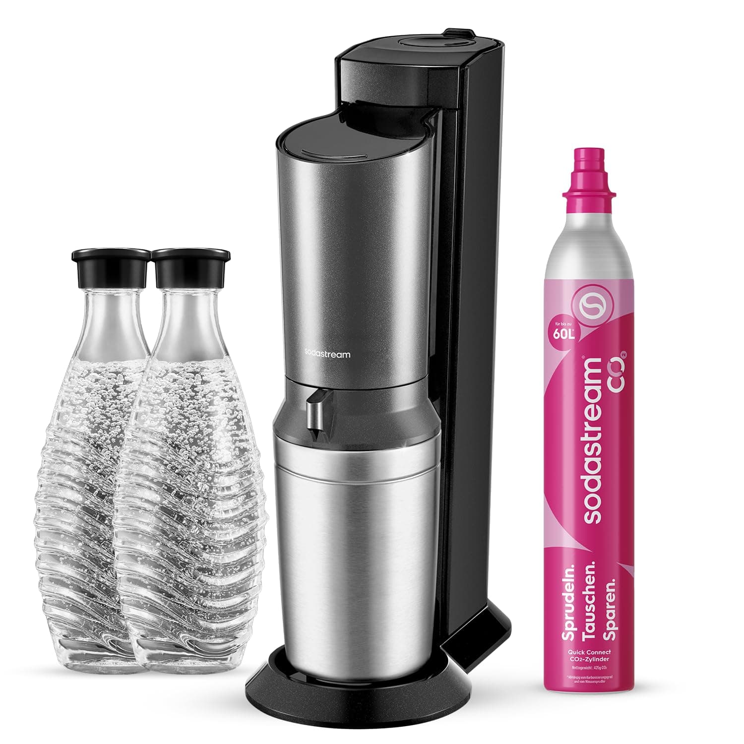SodaStream Wassersprudler CRYSTAL 3.0 mit Quick-Connect CO2-Zylinder| inkl. 2x 0,7L CRYSTAL Glasflasche | Farbe: Titan
