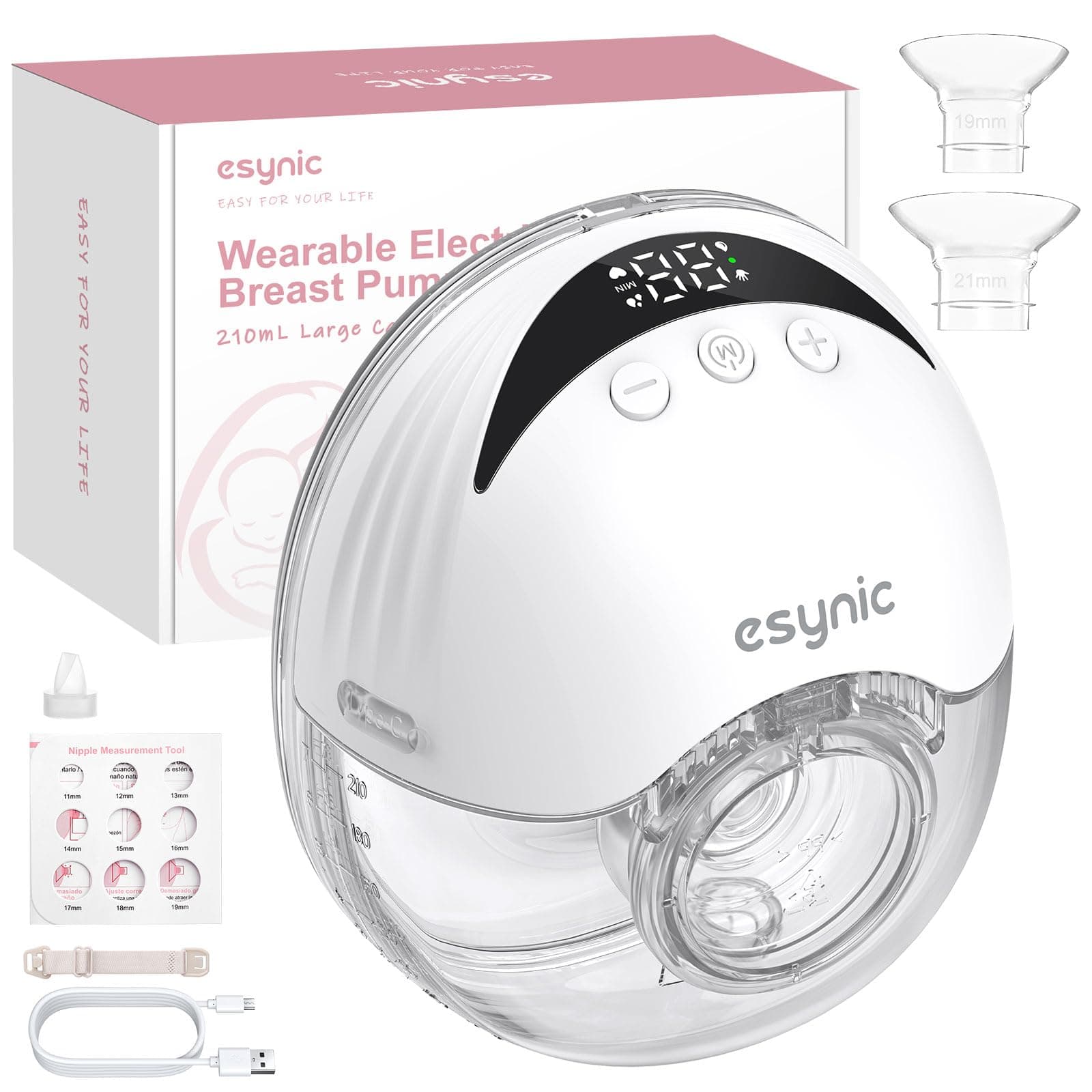 eSynic Sacaleches Eléctrico Manos Libres con 4 Modos y 12 Niveles Extractor de Leche Materna de 210ml Menos Ruido con Bridas de 24/21/19 mm a Prueba de Fugas Extractor de Leche Inalámbrico Sin BPA