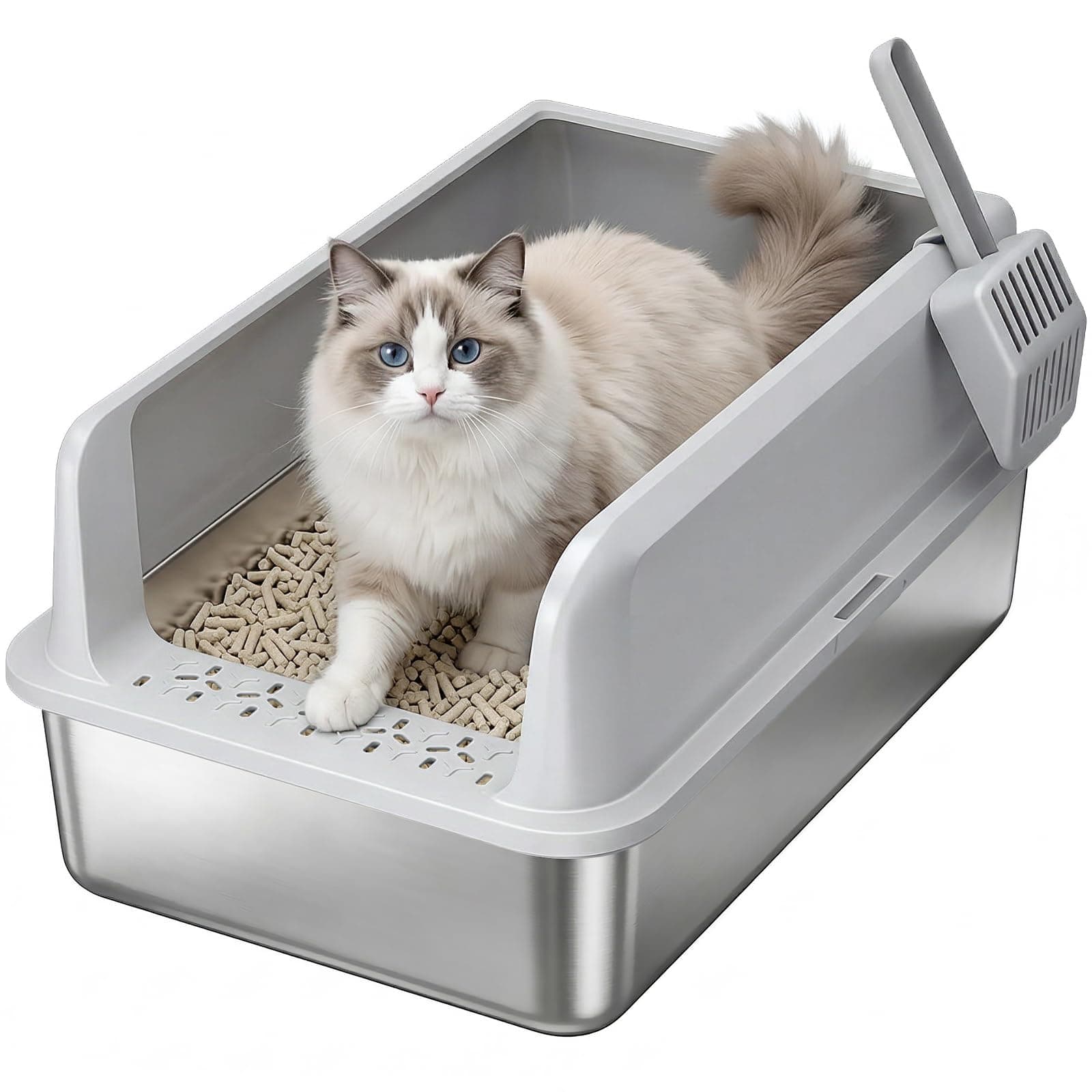 Lifewit Lettiera Gatto in Acciaio Inox, XXL Aperta Toilette per Gatti con Pala, Lettiera Gatto per Soggiorno, Camera da Letto, 58 x 38 x 26 cm, Grigio