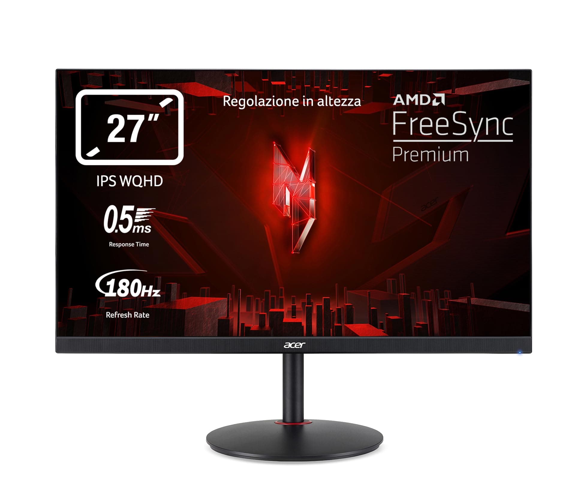 acer Nitro XV271UM3bmiiprfx, Monitor Gaming PC 27", Display IPS WQHD, 180 Hz, 0,5 ms, FreeSync Premium, HDMI 2.0, DP 1.2, ZeroFrame, Speaker Integrati, Regolazione in altezza, Cavi DP, HDMI Inclusi